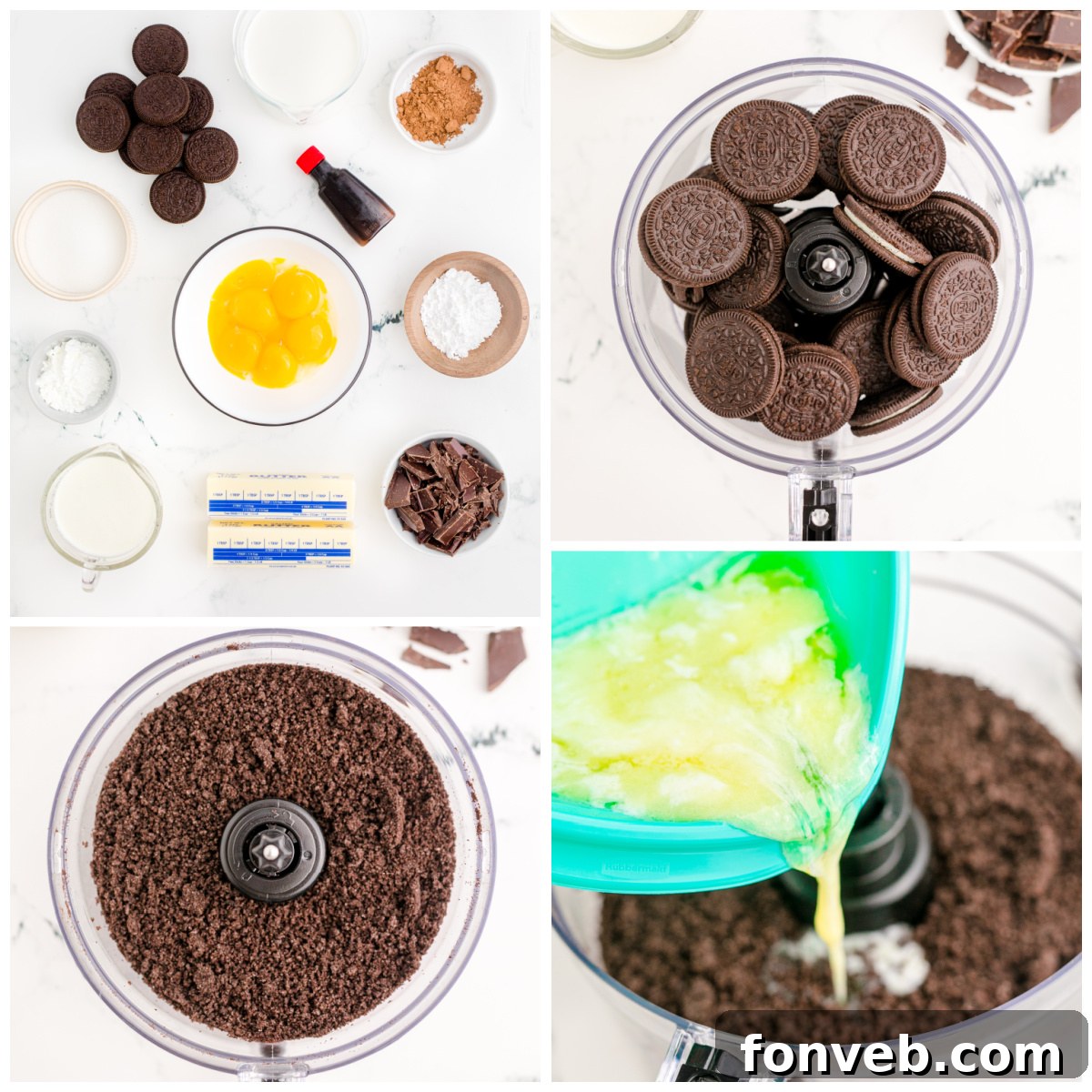 Velvet Chocolate Dream 3 Chocolate Cream Pie step by step instructions on a collage photo showcasing the crust and filling preparation