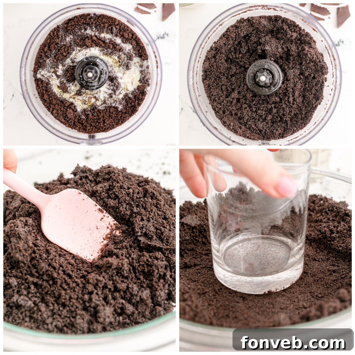 Velvet Chocolate Dream 4 Chocolate Cream Pie step by step instructions on a collage photo showing crust being pressed