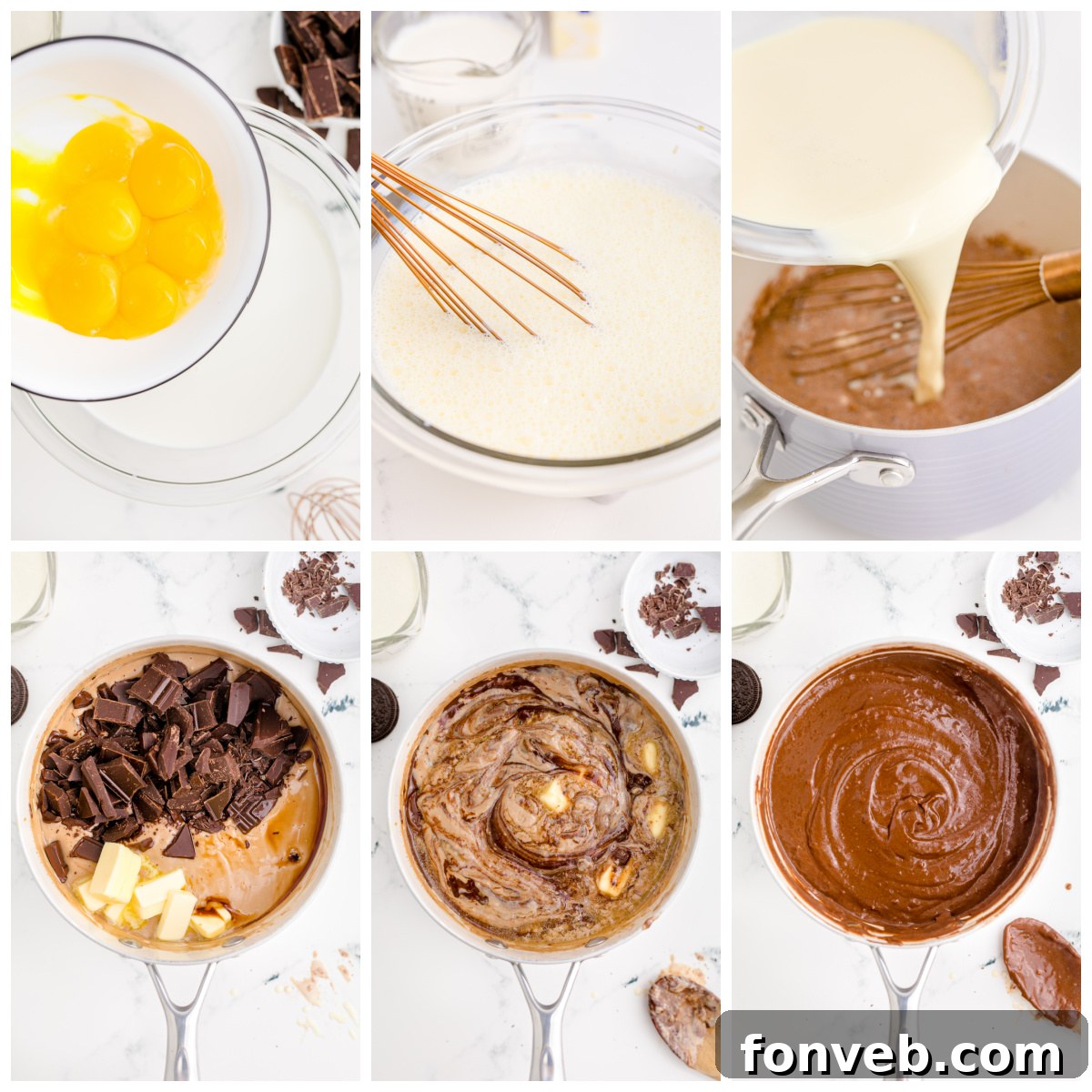 Velvet Chocolate Dream 5 Chocolate Cream Pie step by step instructions on a collage photo showing the filling being made