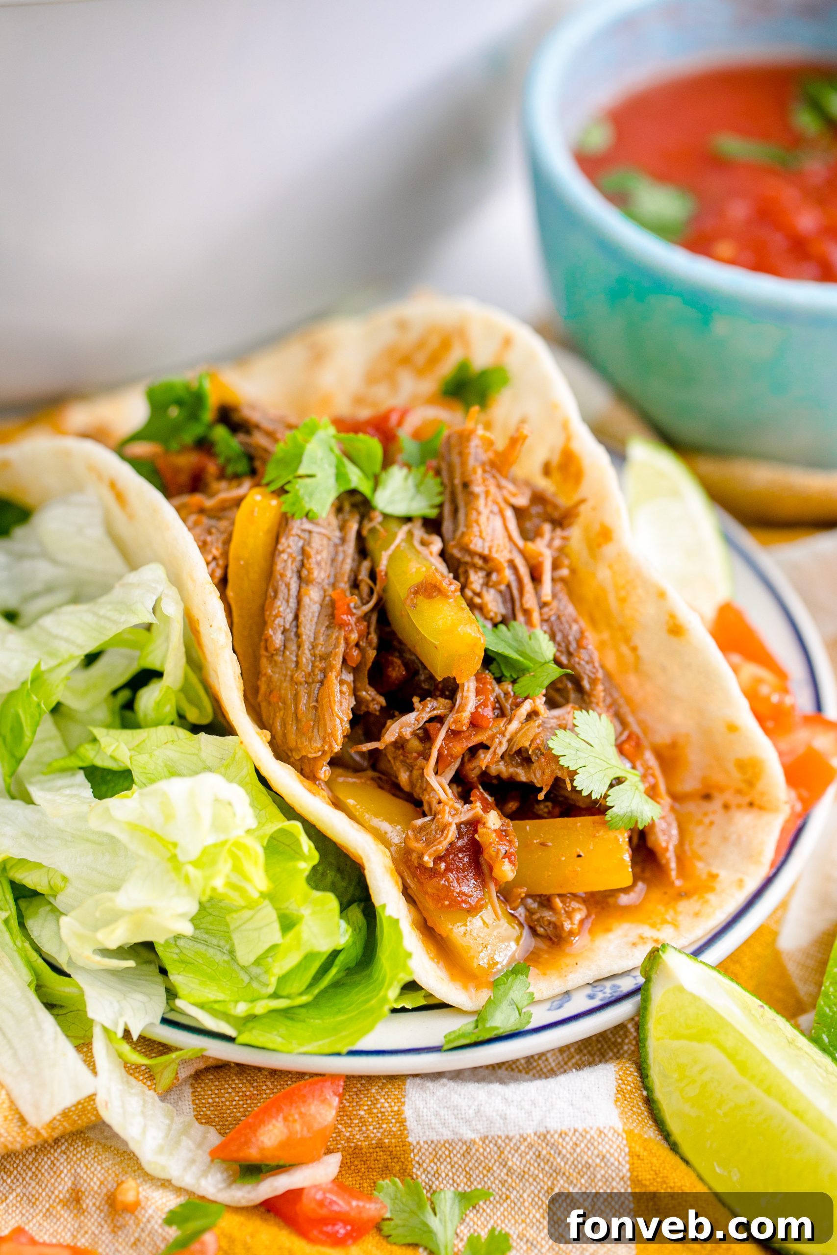 Steak Fajitas wrapped in a tortilla with lettuce piled next to it
