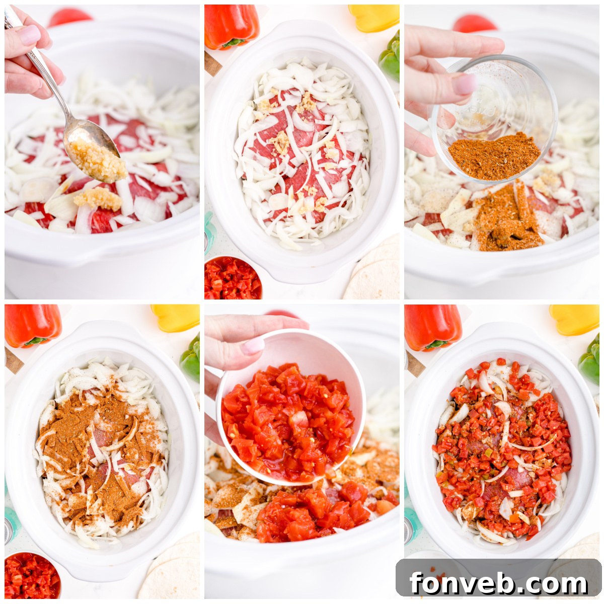 Steak Fajitas collage of 6 photos showing how to assemble the recipe in the slow cooker step by step