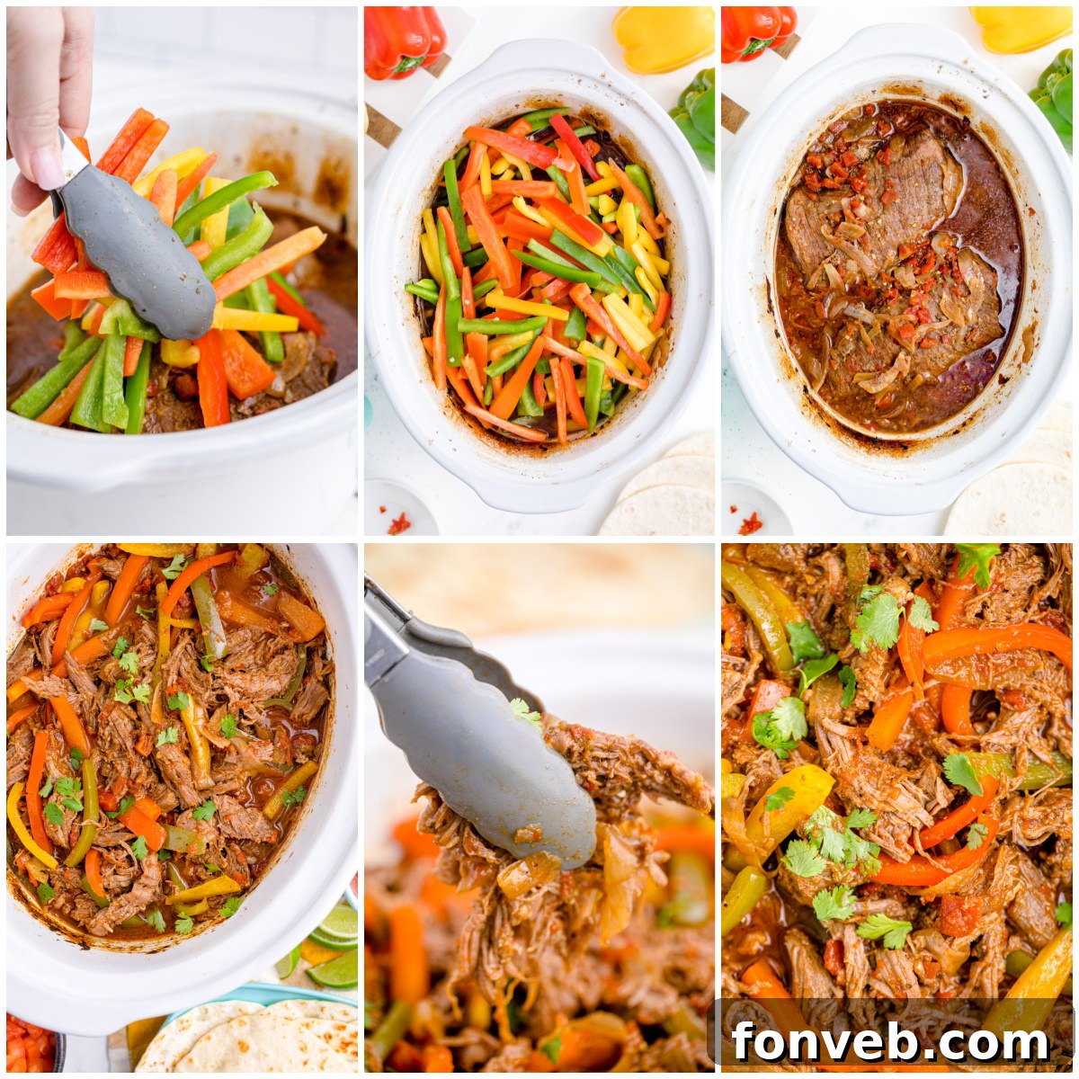 Steak Fajitas collage of 6 photos showing how to assemble the recipe in the slow cooker step by step