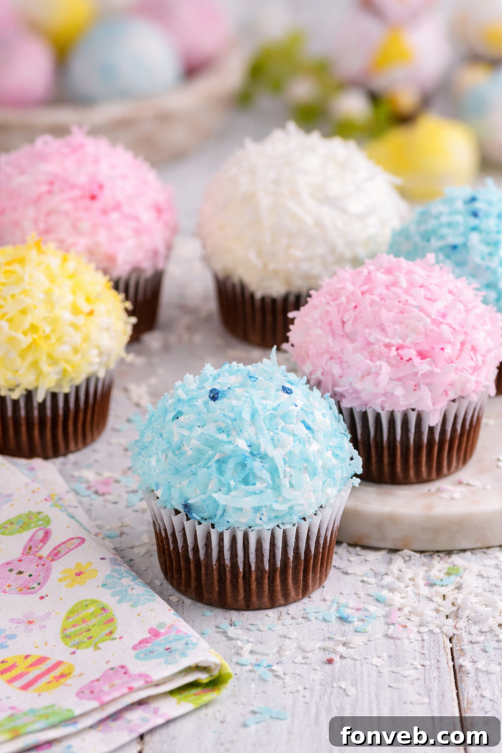 Delicious and festive Easter Cupcakes with chocolate cake and marshmallow frosting