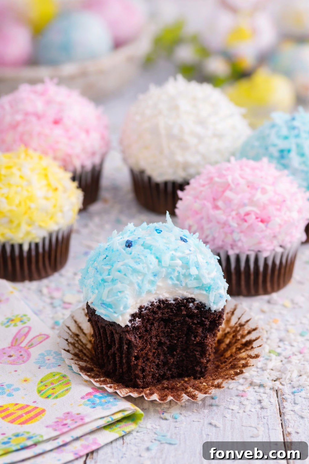 A tray of freshly baked Easter Cupcakes ready for frosting