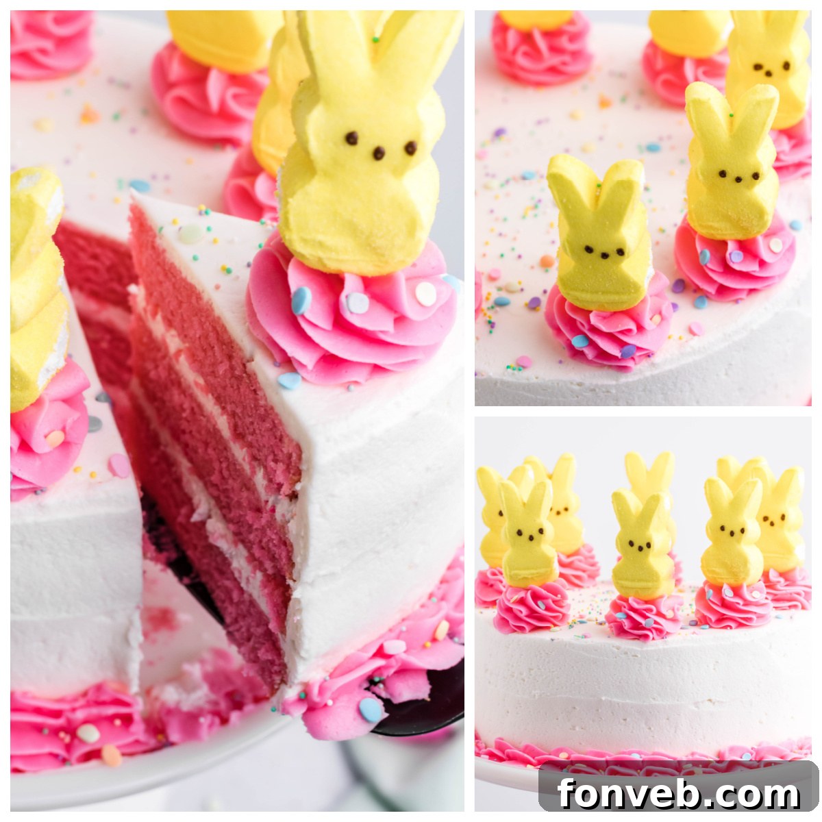 Pink Vanilla layered cake with white frosting and topped with yellow peeps for easter collage of three photos 