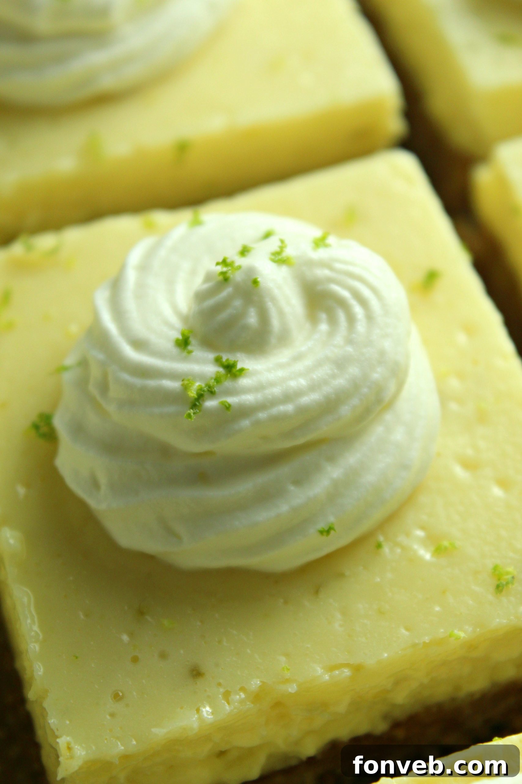 Key Lime Bars with lime whipped cream topped with lime zest close up