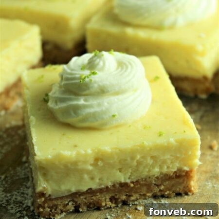 Delicious Key Lime Bars topped with whipped cream and lime zest
