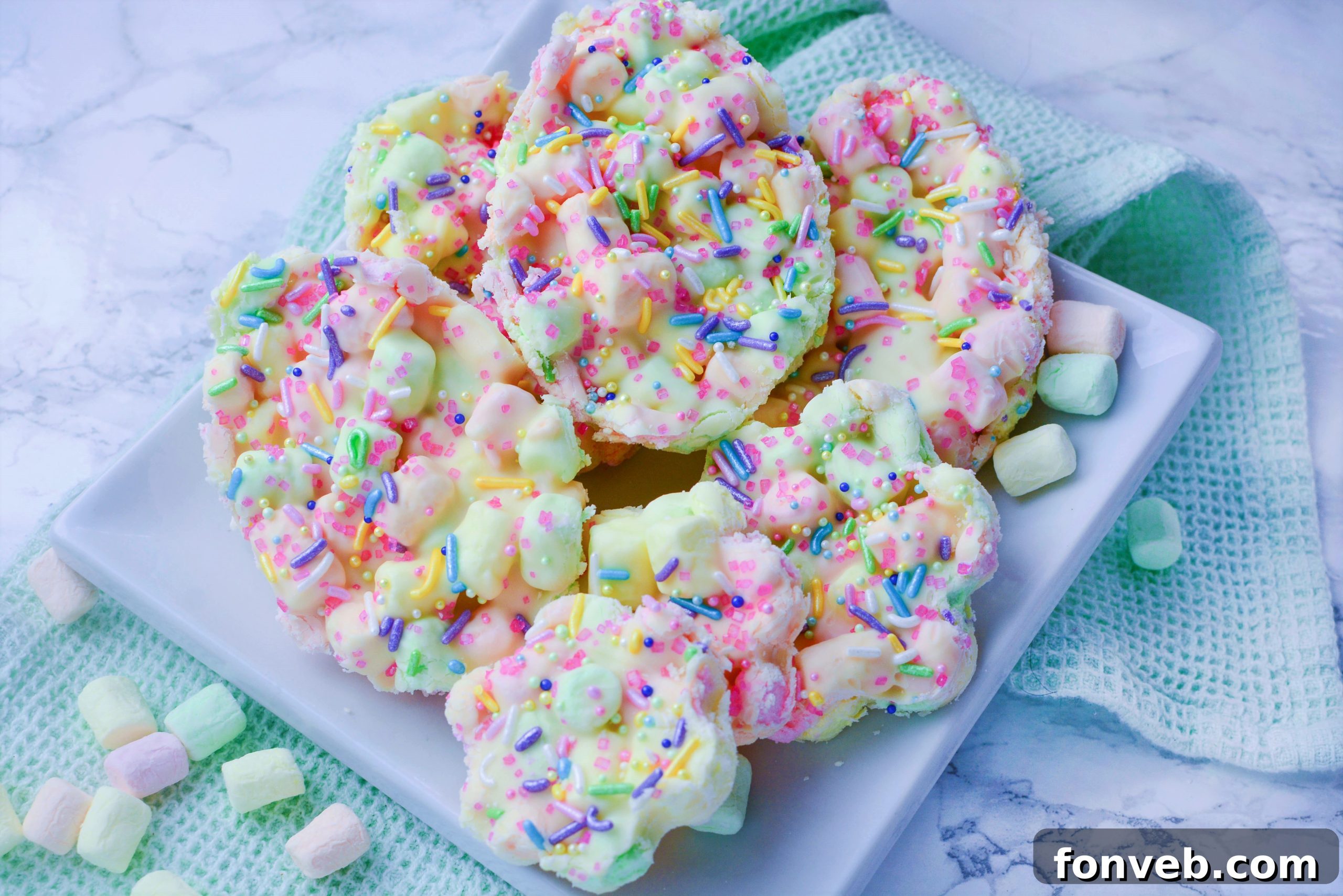Easter Marshmallow treats with pink, green and yellow mini marshmallows cut into the shape of eggs