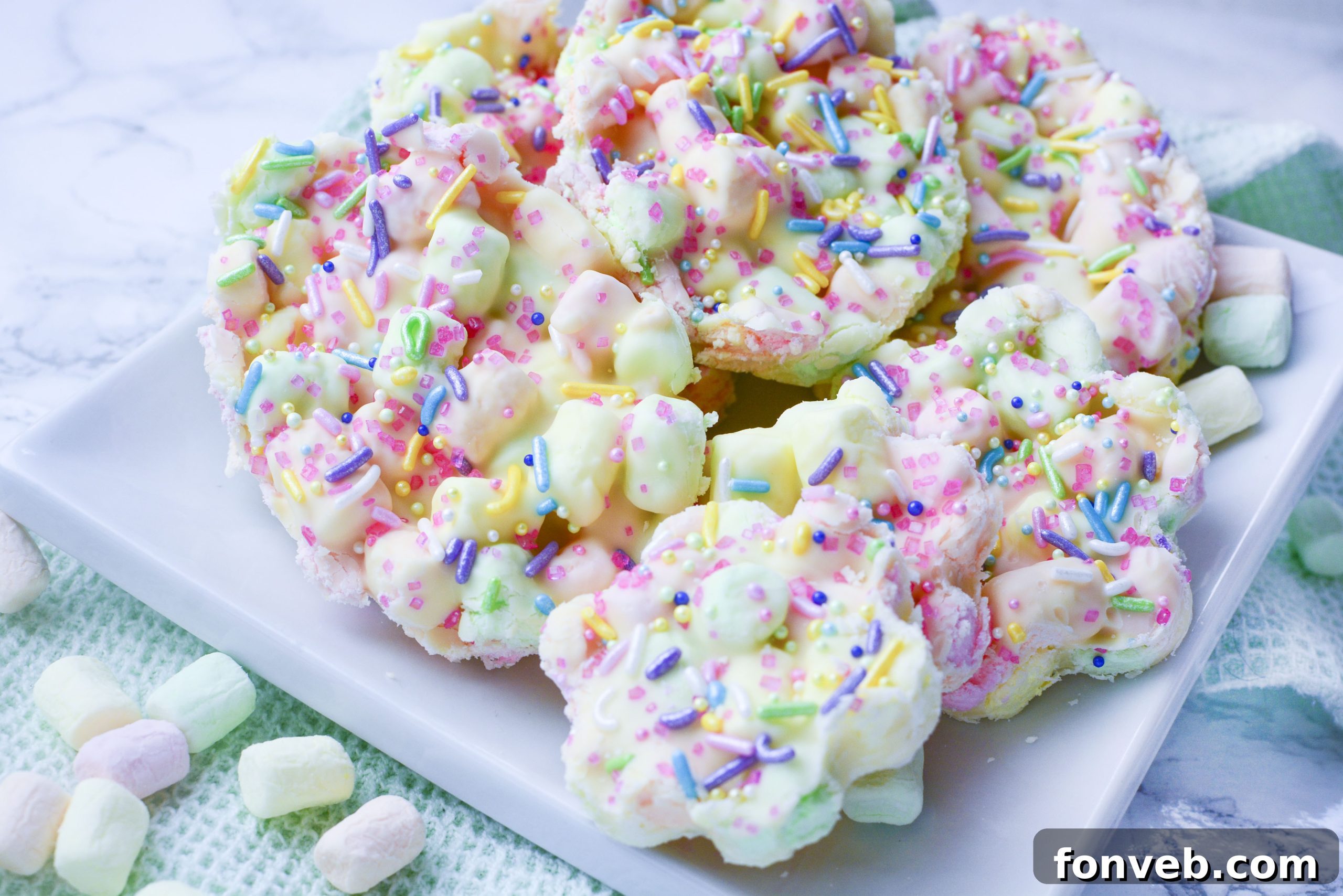 Easter Marshmallow treats with pink, green and yellow mini marshmallows cut into the shape of flowers