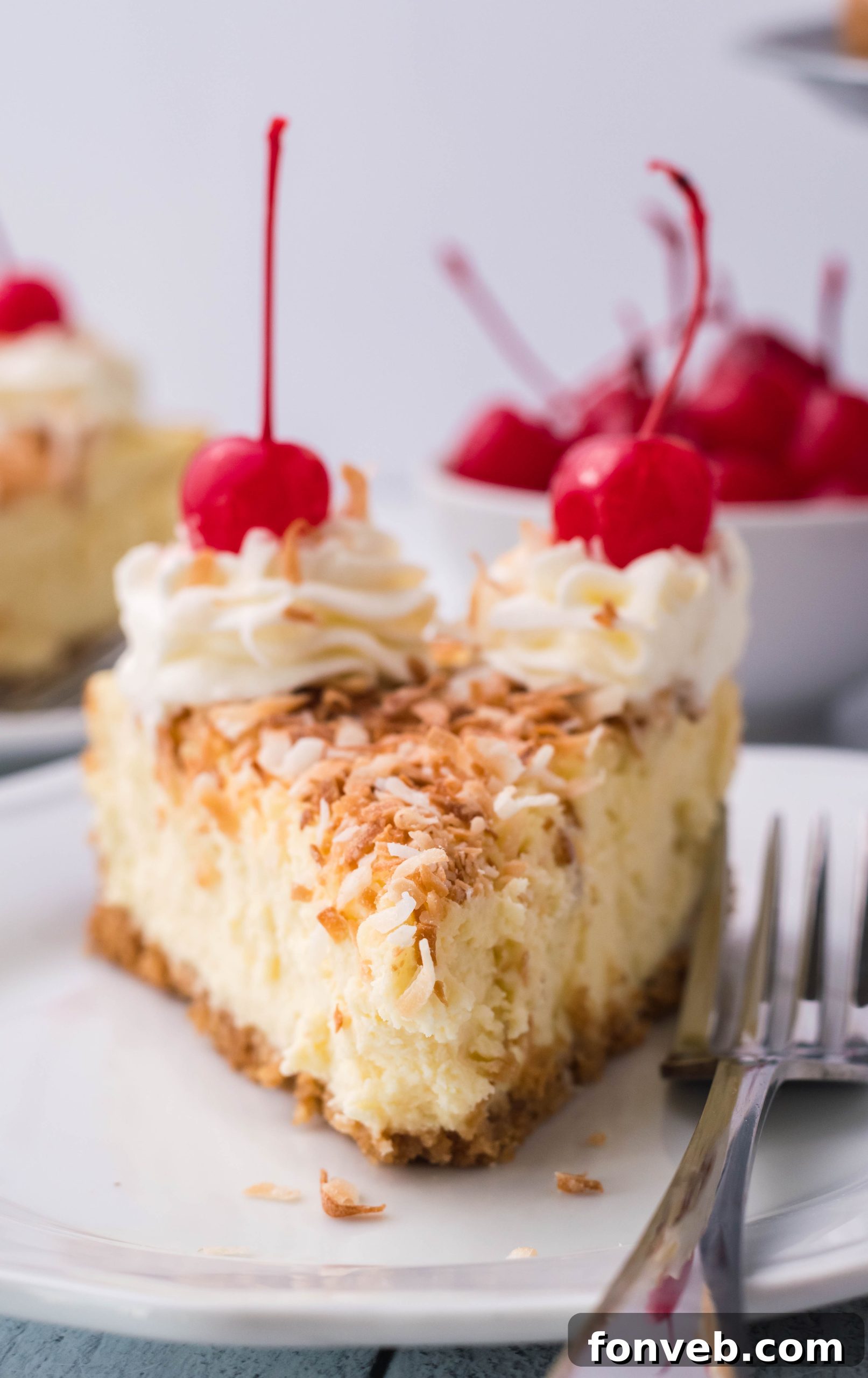 The Coconut Cheesecake served on a white plate, adorned with cherries and whipped cream, inviting you to take a bite.