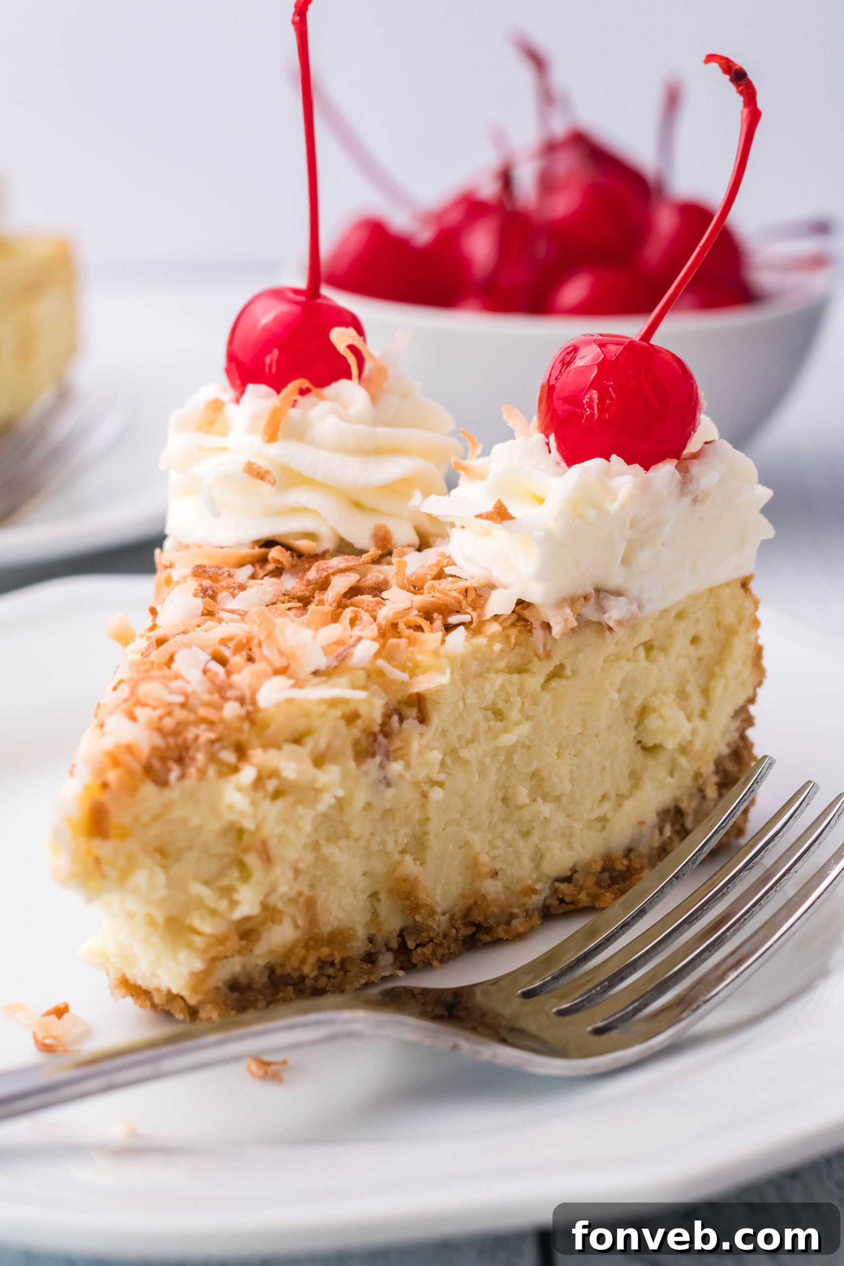A pristine Coconut Cheesecake, adorned with whipped cream and cherries, presented on a white plate, ready to be devoured.