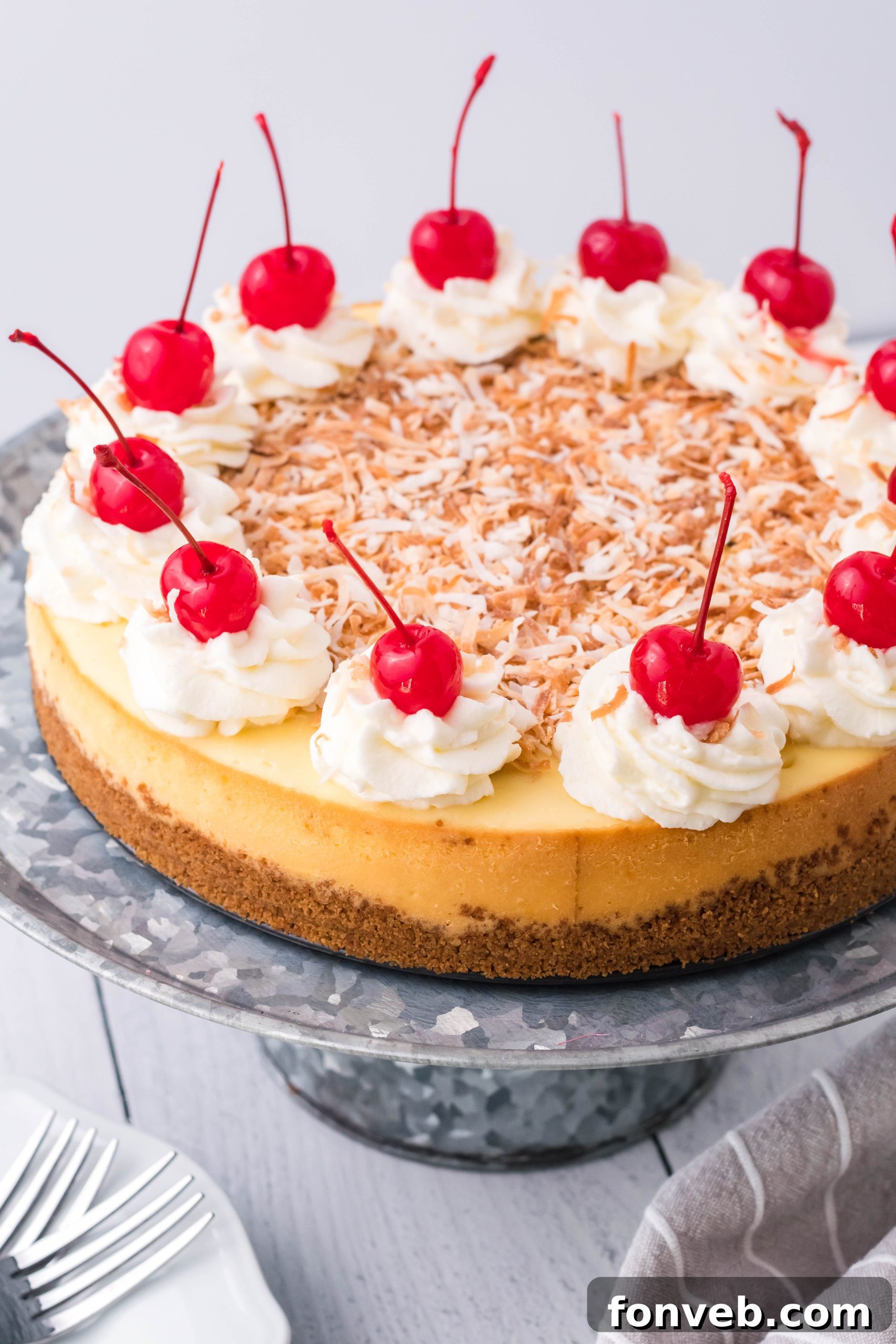 A whole Coconut Cheesecake presented elegantly on a shimmering silver cake dish, viewed from directly above.