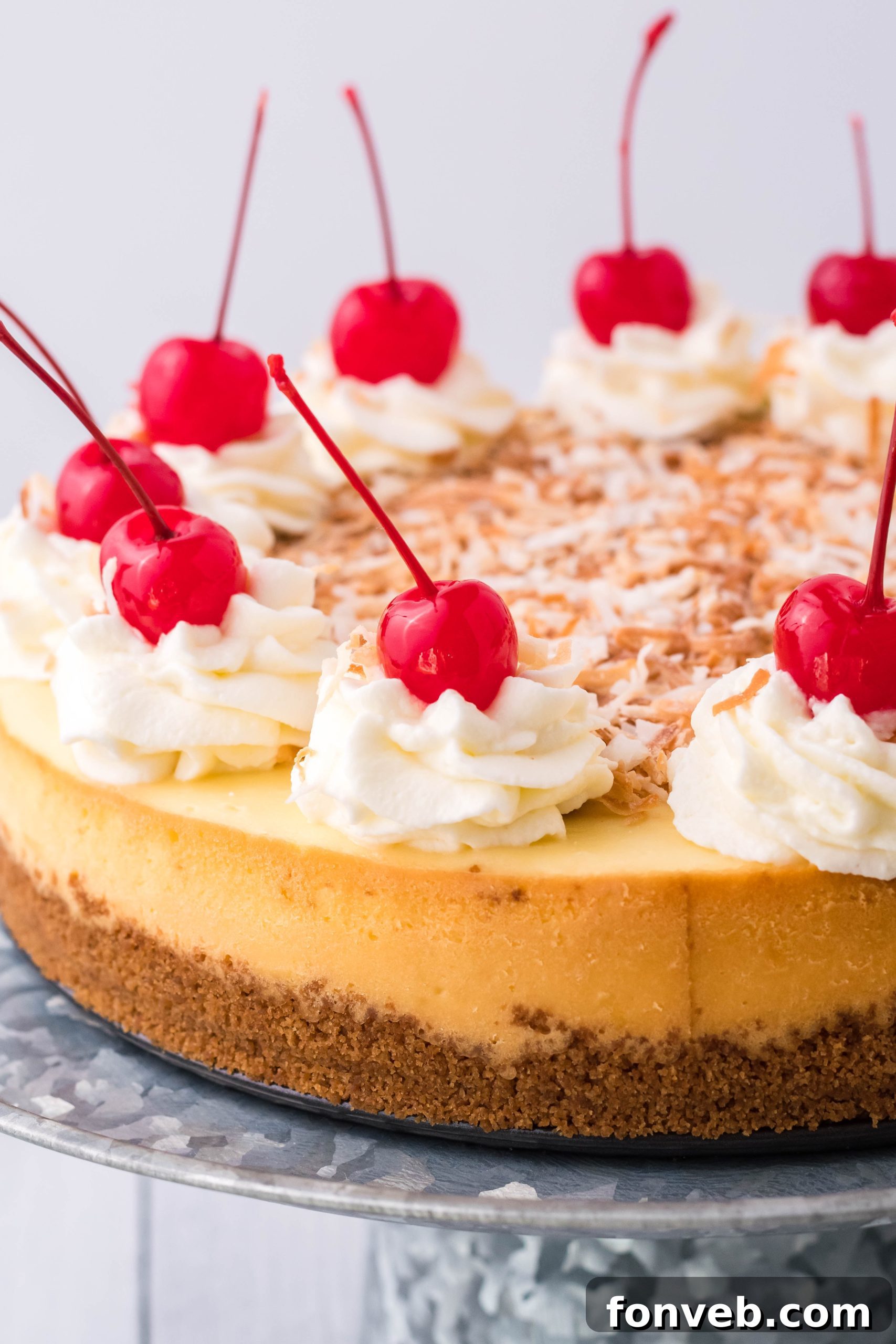 A side view of the Coconut Cheesecake on a silver cake dish, showcasing its thick, creamy layers.