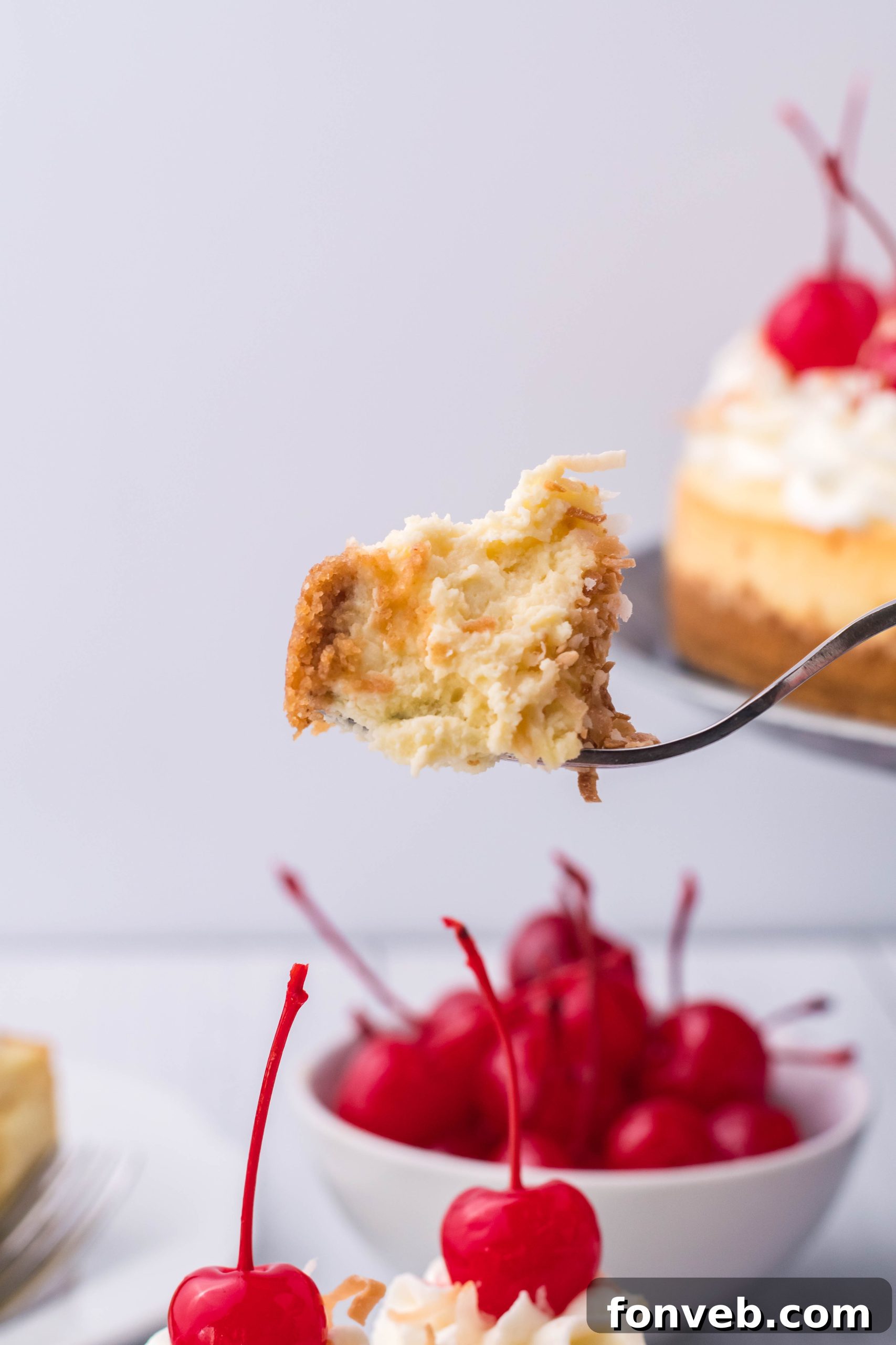 A tantalizing bite of Coconut Cheesecake captured on a fork, showcasing its texture and delicious toppings.