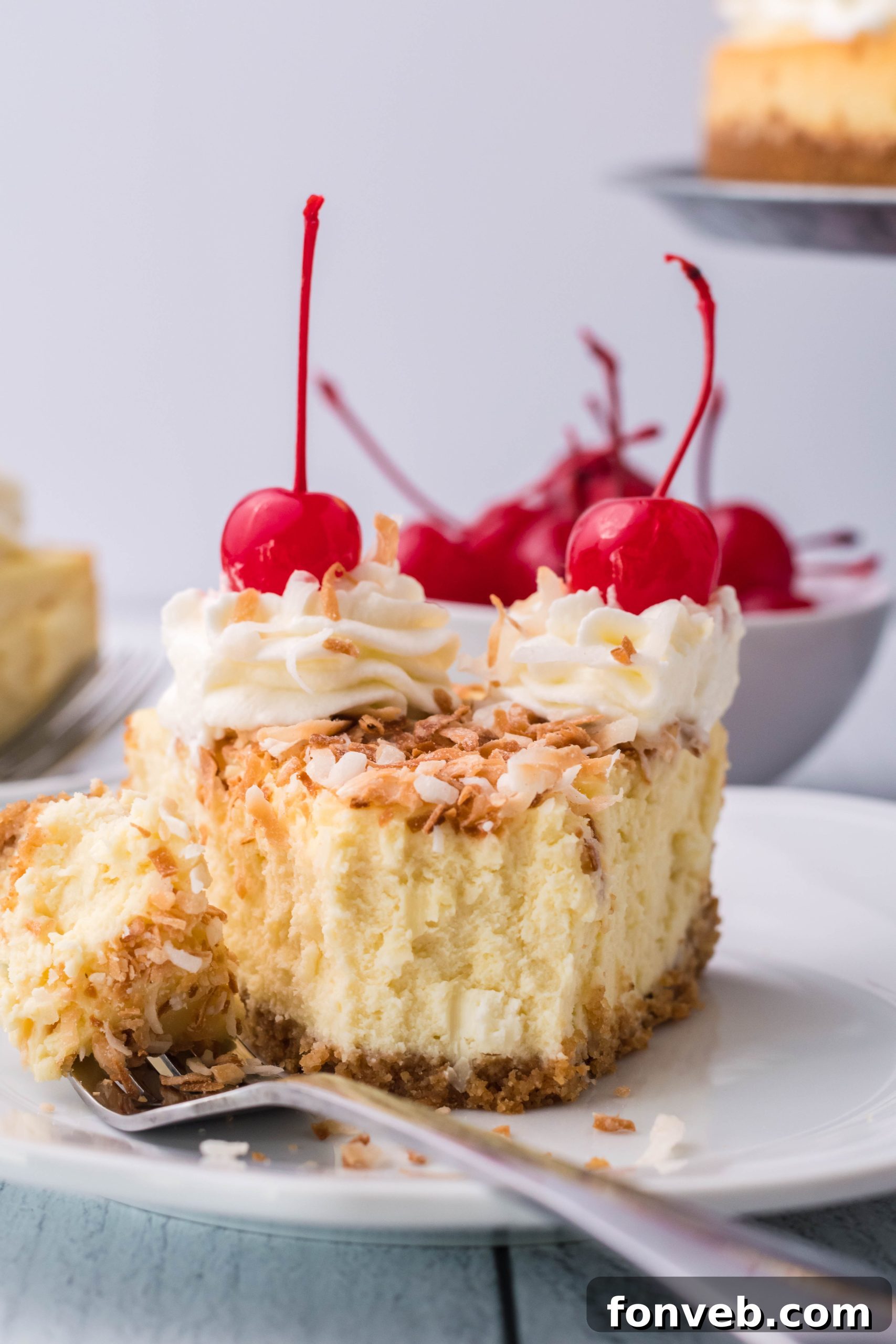 A magnificent Coconut Cheesecake, exquisitely garnished with fresh cherries and whipped cream, ready to be enjoyed.