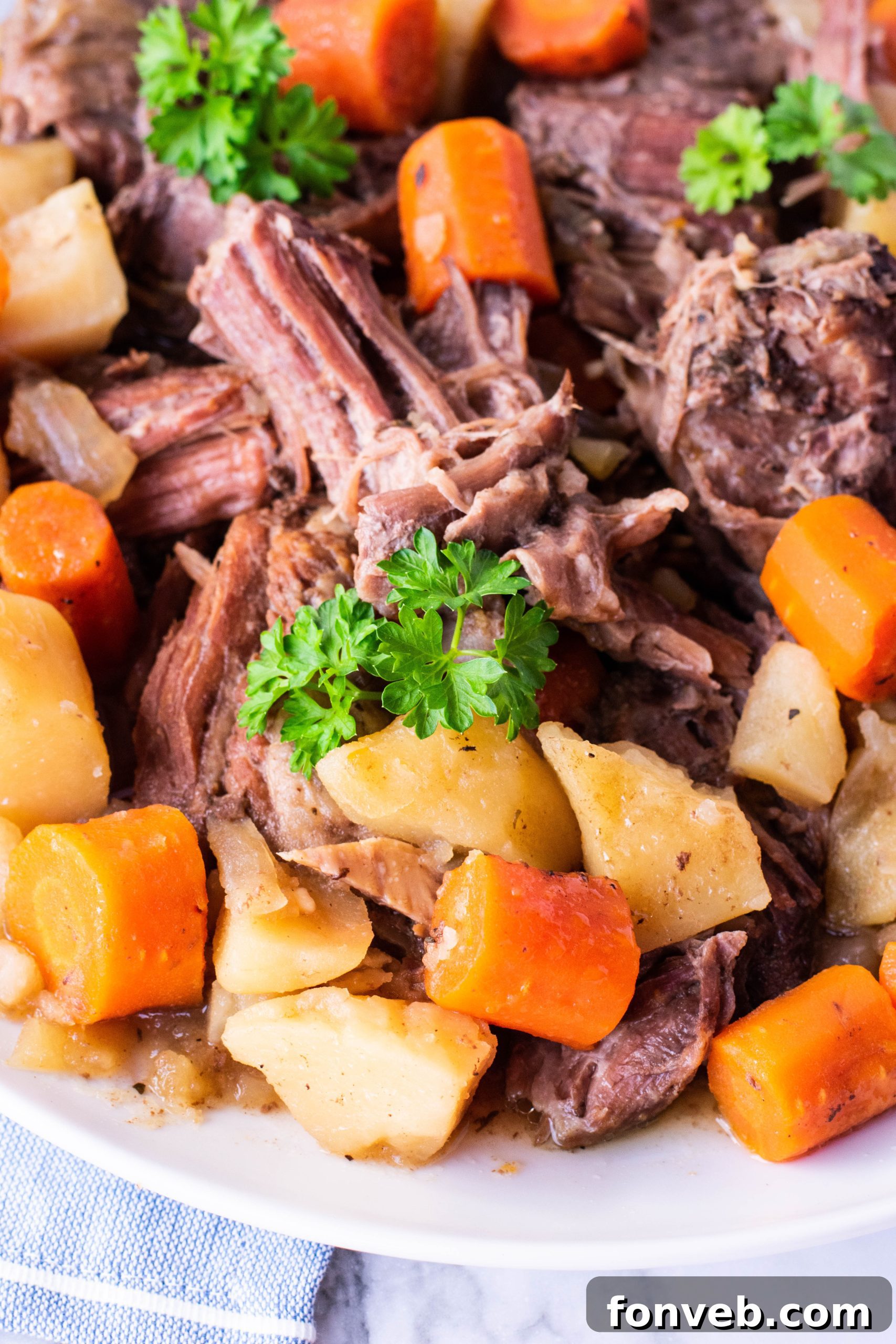 crock pot chuck roast on a plate with potatoes and carrots close up shot