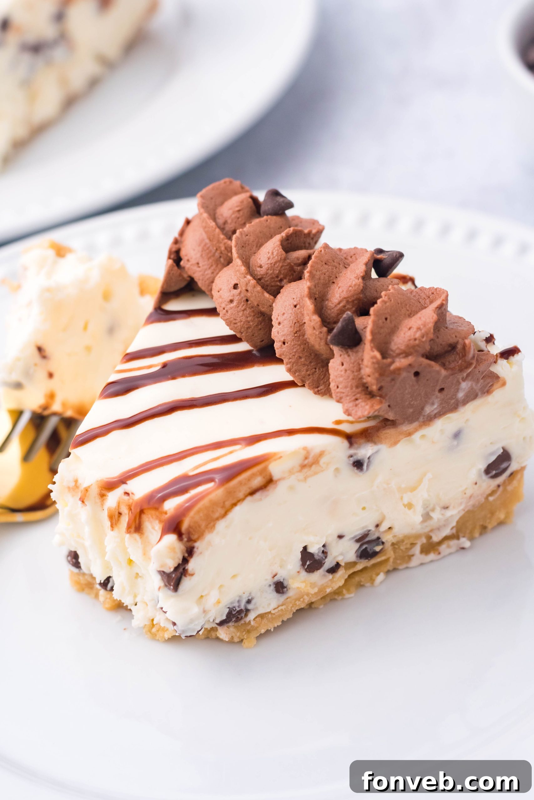 Chocolate Chip Cheesecake on a white plate with a bite taken out overhead angle