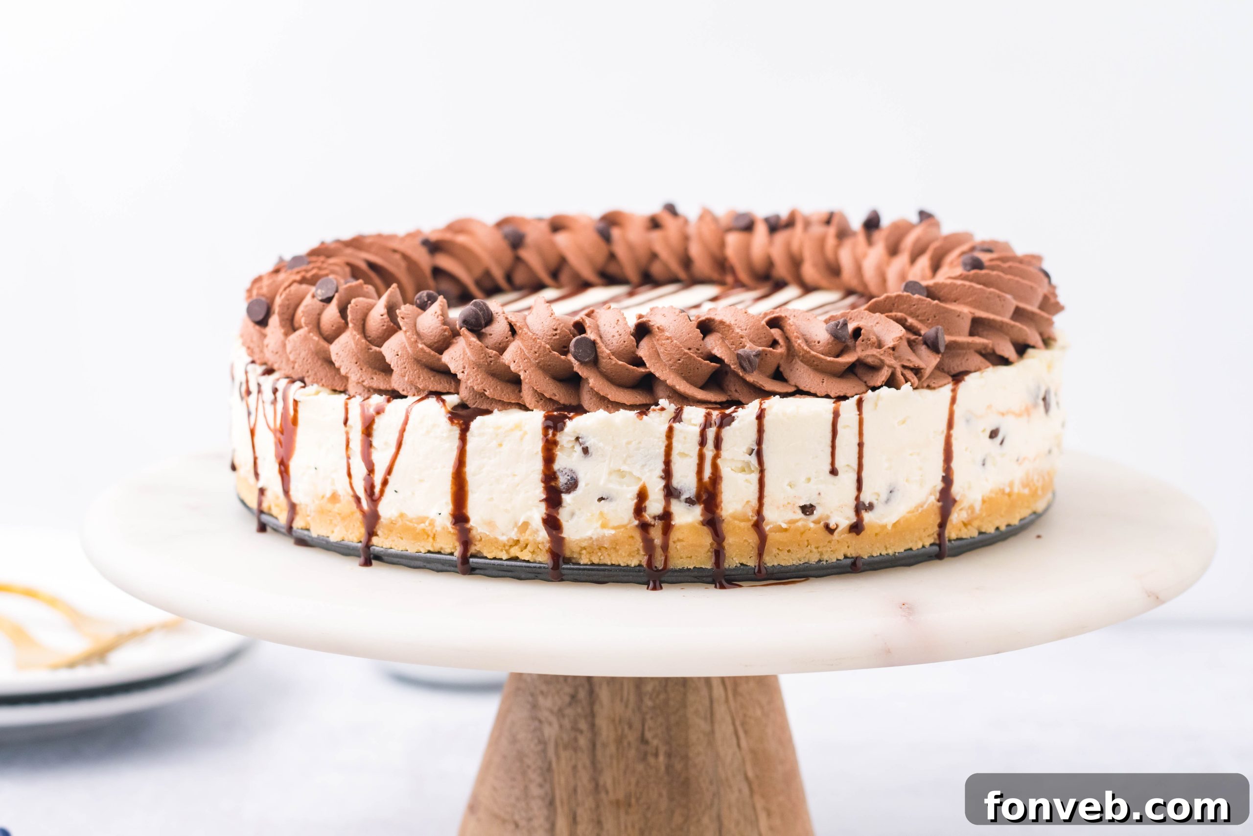 Chocolate Chip Cheesecake on a cake stand