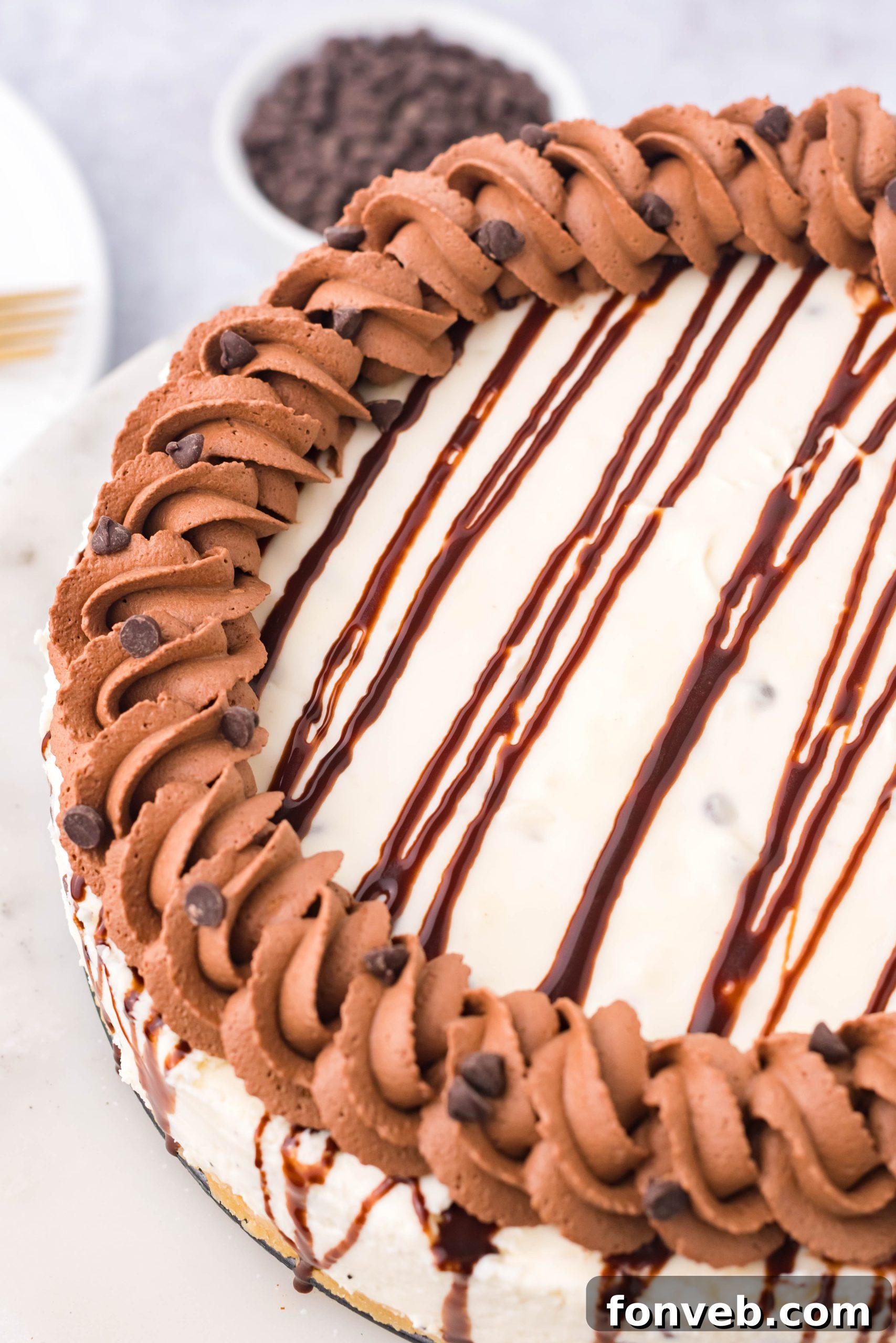 Chocolate Chip Cheesecake on a cake stand overhead shot