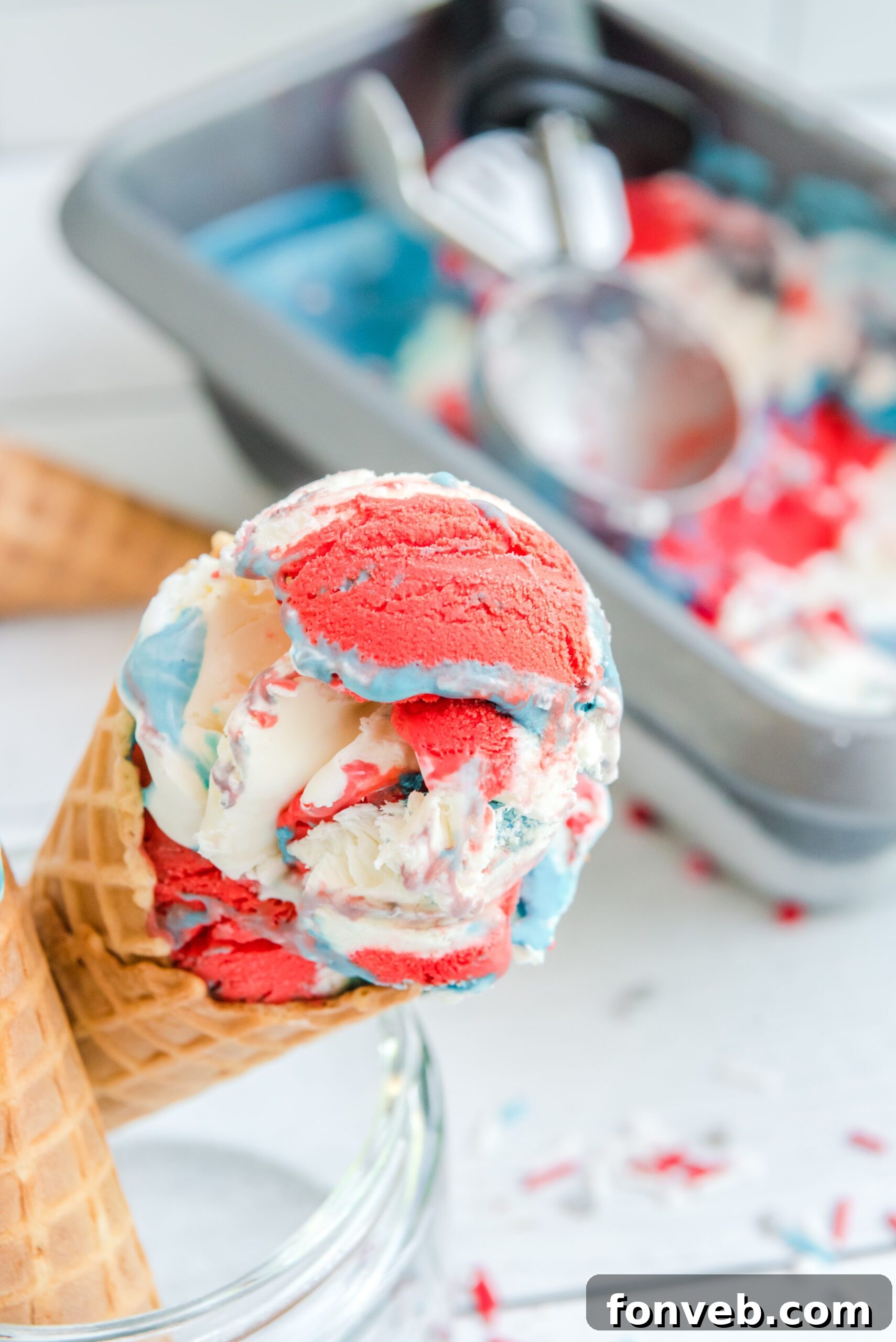 Red, White & Blue Ice Cream in a waffle cone