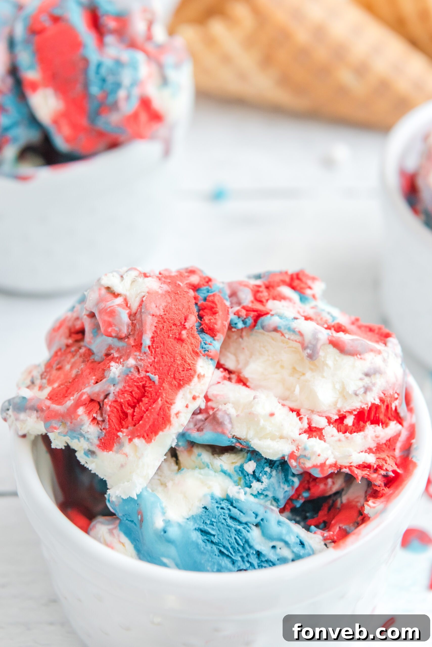 Red, White & Blue Ice Cream in a white bowl
