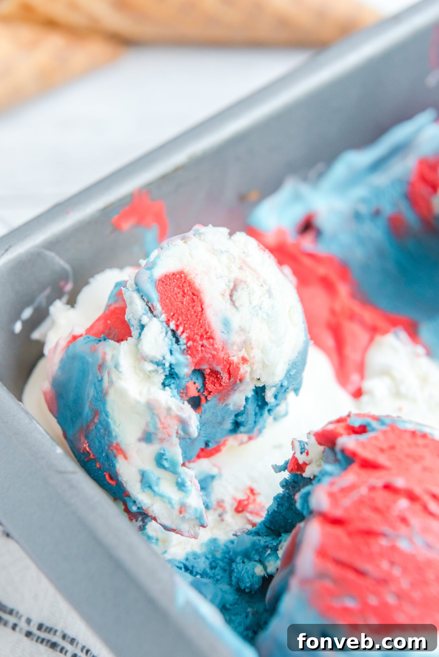 Red, White & Blue Ice Cream in an ice cream tin pan