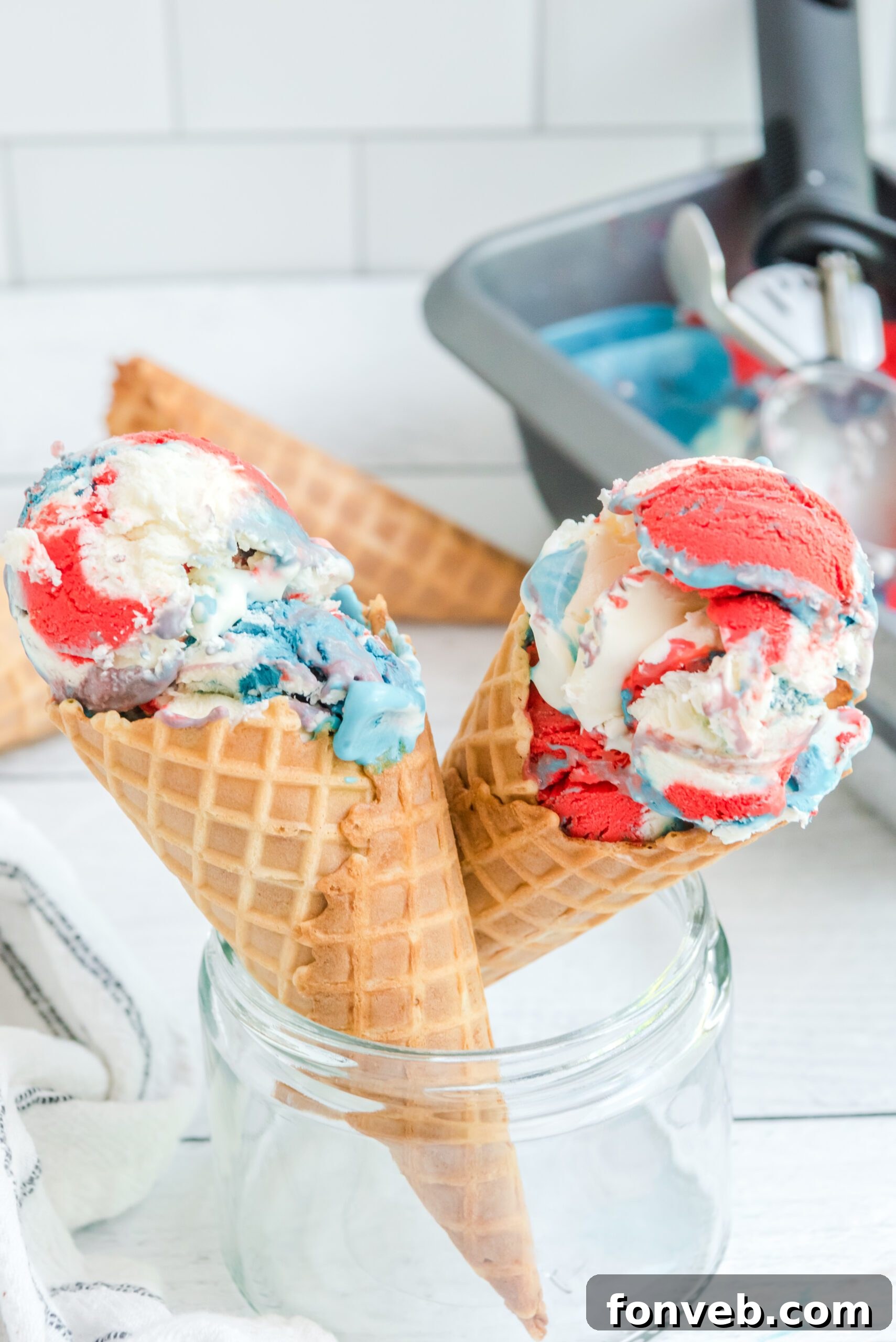 Red, White & Blue Ice Cream in two waffle cones
