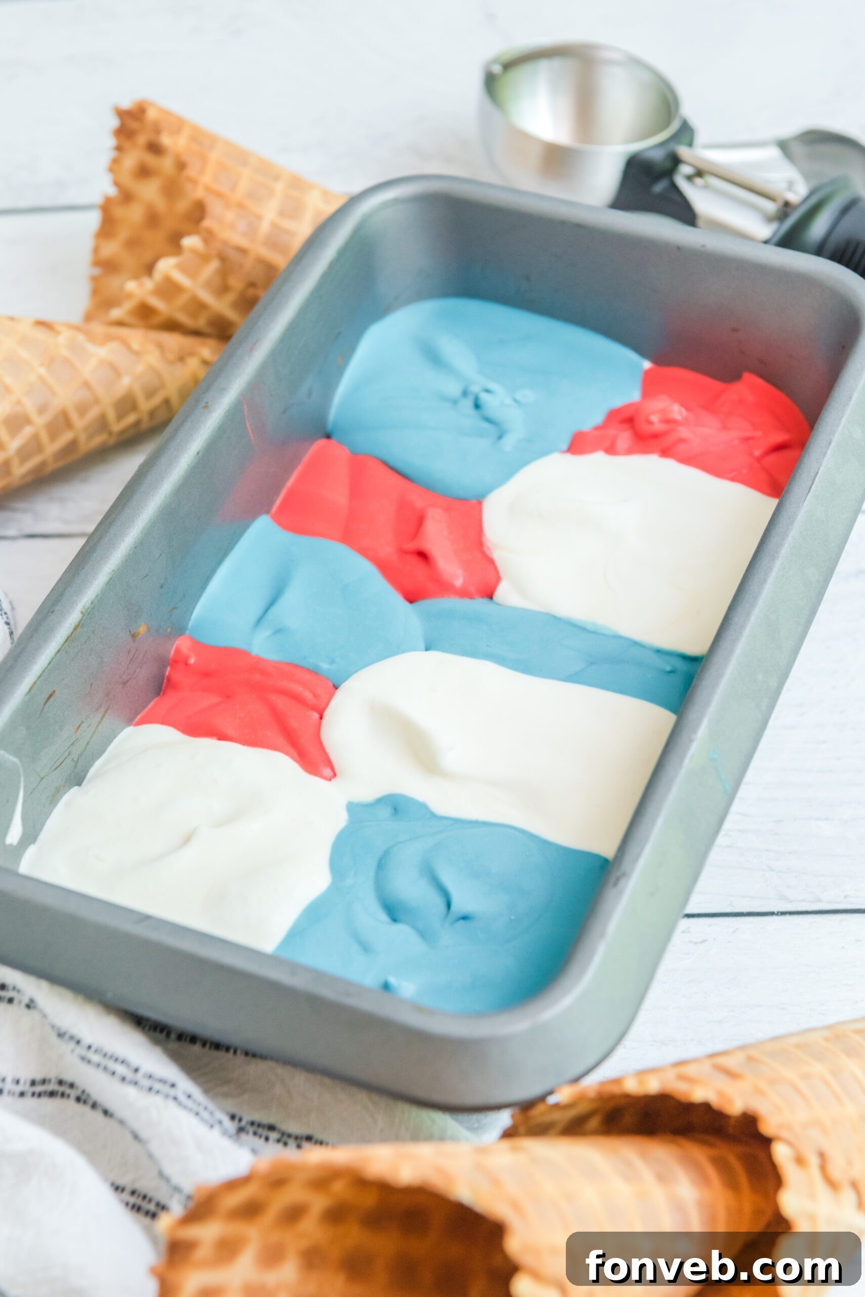 Red, White & Blue Ice Cream in an ice cream tin pan