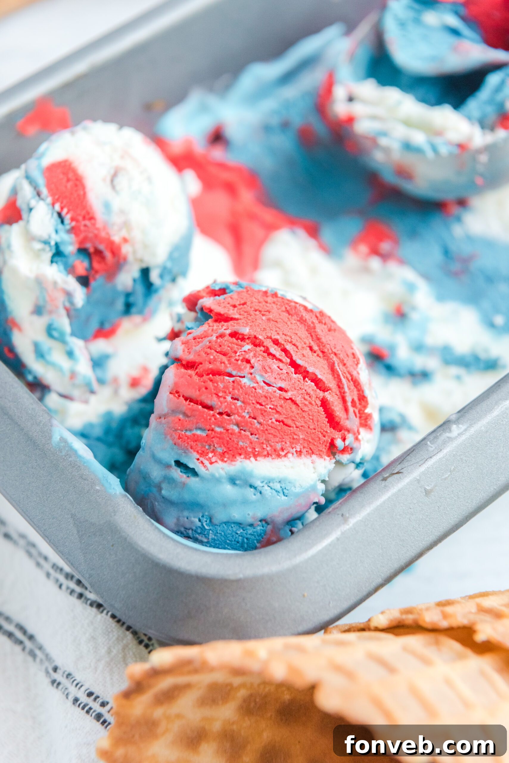 Red, White & Blue Ice Cream in an ice cream tin pan from the side
