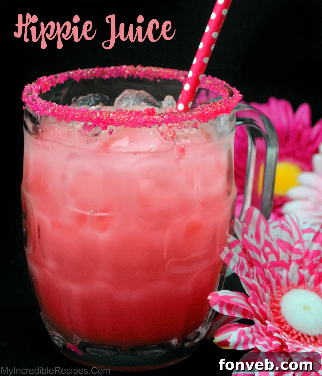 A vibrant glass of Hippie Juice cocktail, garnished with fresh fruit, perfect for a summer day, with a colorful backdrop.