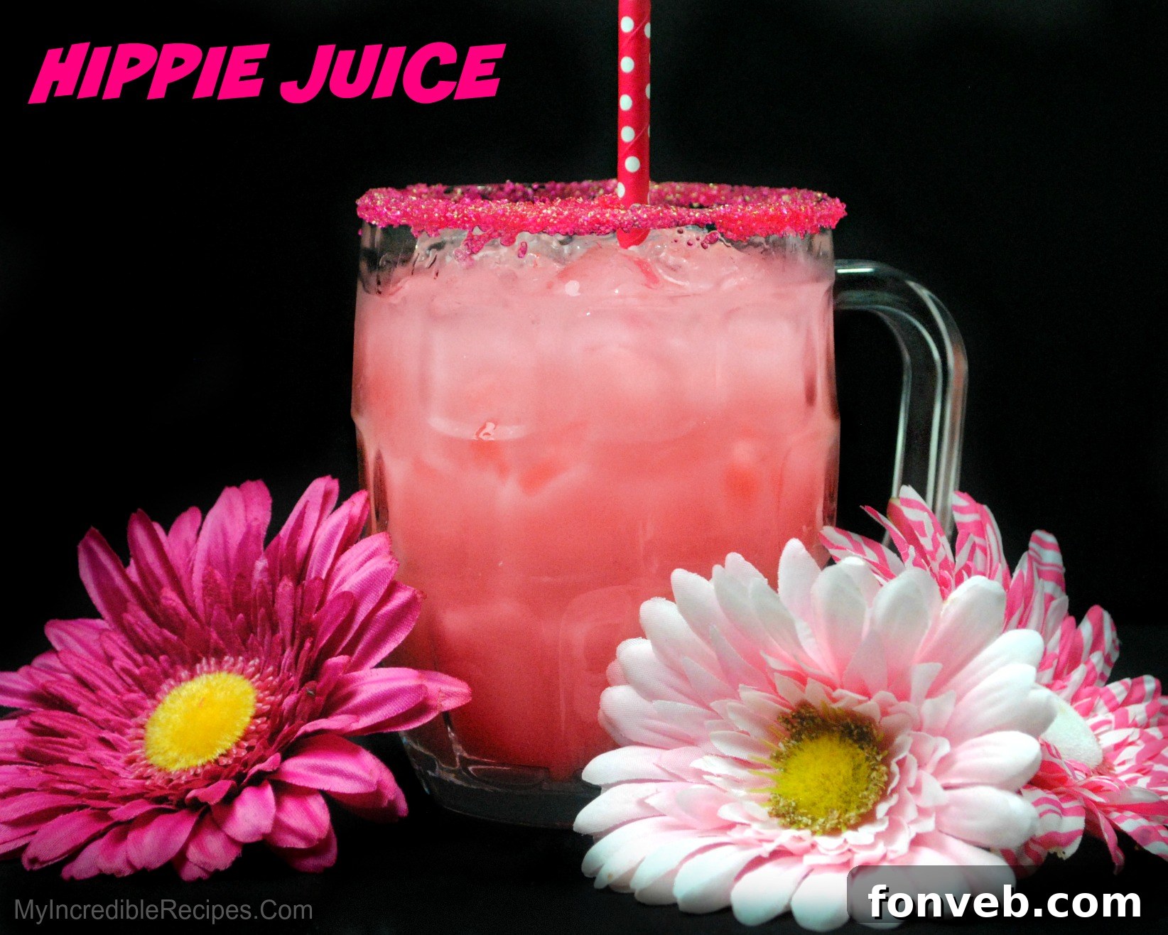 Close-up of Hippie Juice ingredients, emphasizing the choice between strawberry or watermelon vodka bottles.