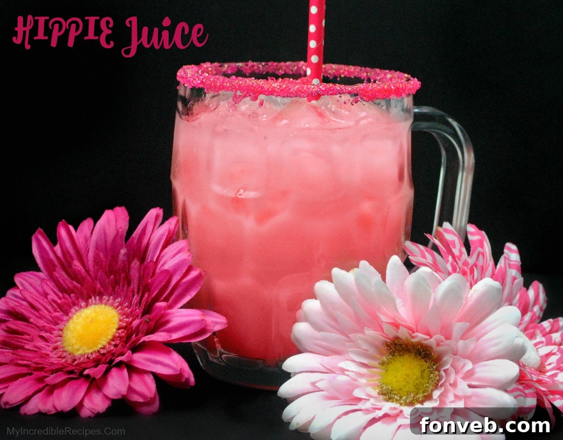 Hippie Juice cocktail in a glass with fresh fruit garnishes, showing infused strawberry and watermelon pieces.