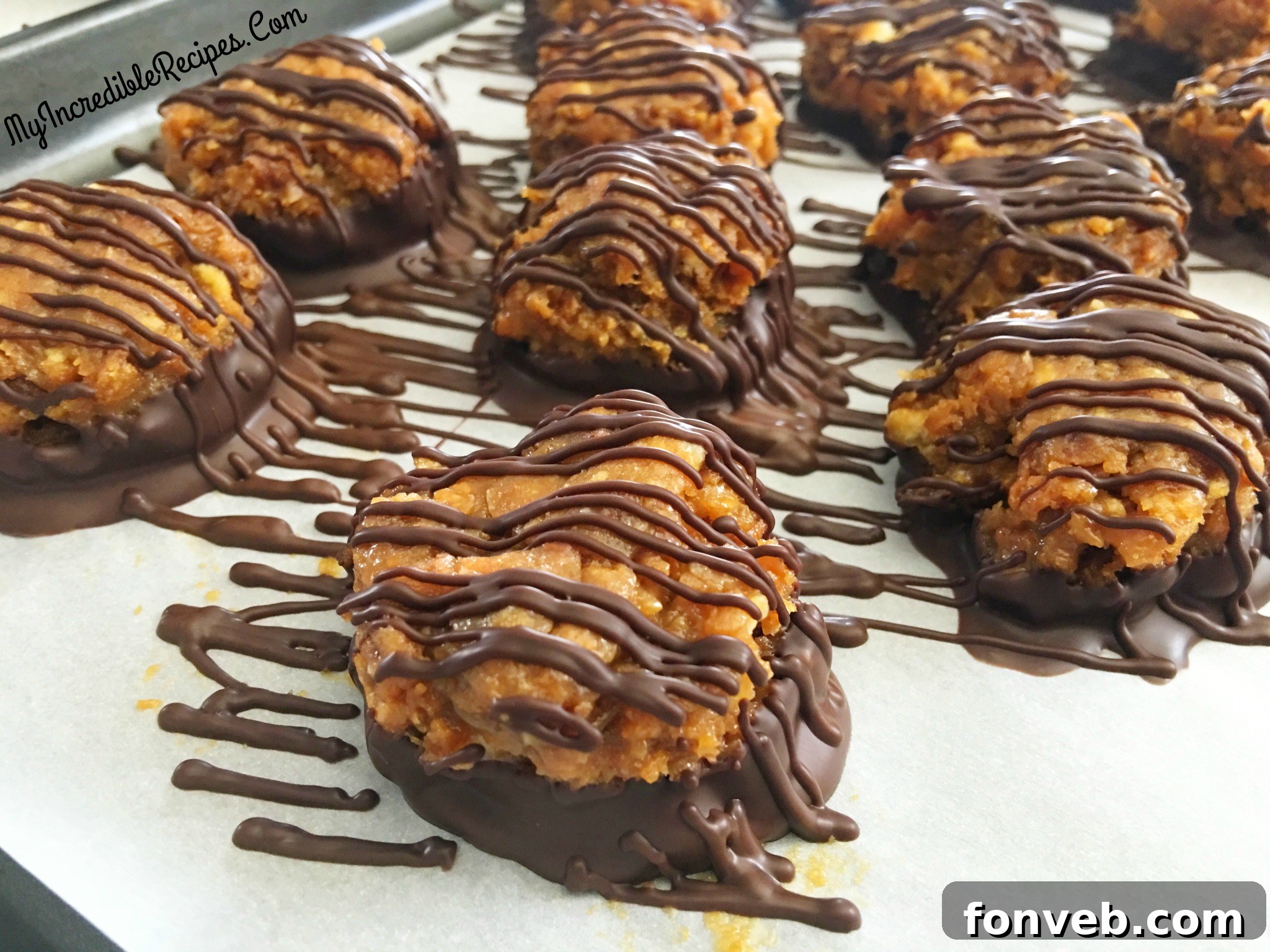 An extreme close-up shot of a Samoa Bite, highlighting the texture of the toasted coconut, the smooth chocolate coating, and the intricate caramel drizzle.