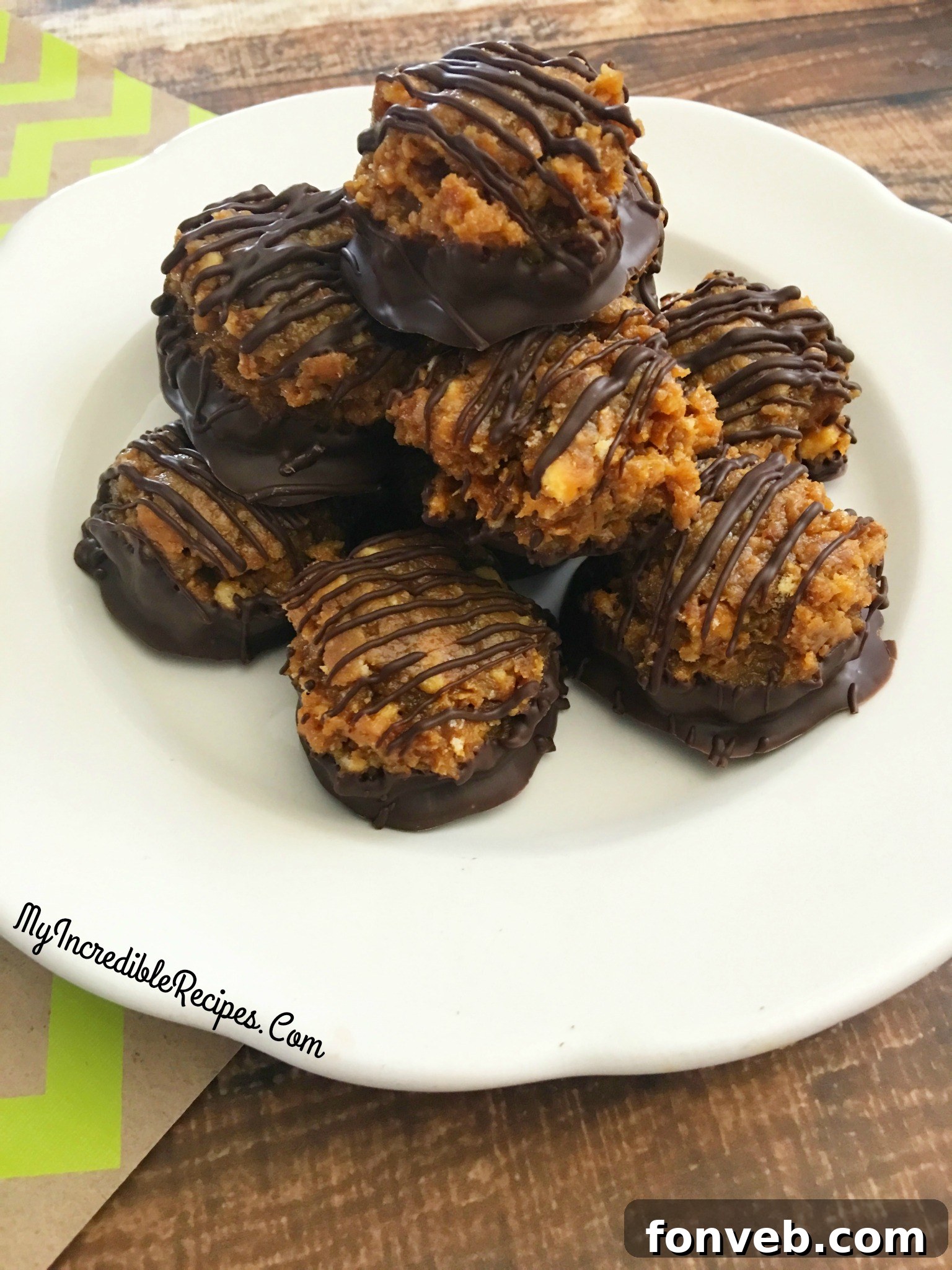 A generous plate filled with an abundance of finished Samoa Bites, stacked and ready to be served, showcasing their irresistible appeal.