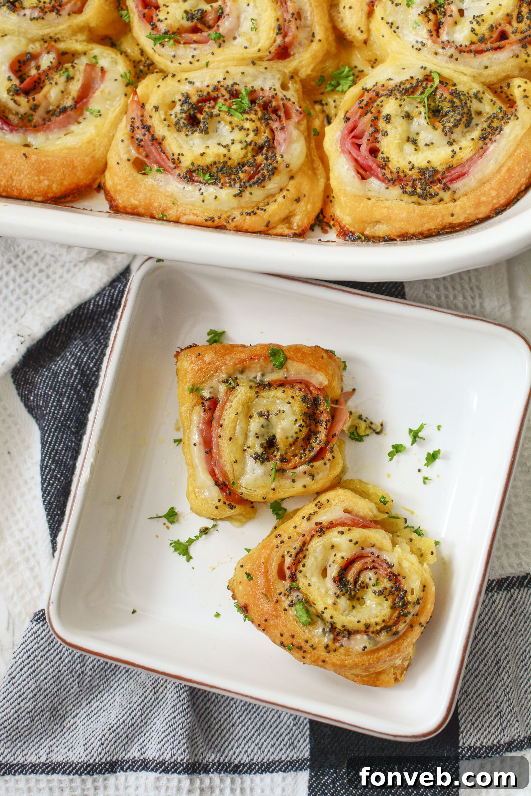 Ham and Cheese Pinwheels on a square white plate