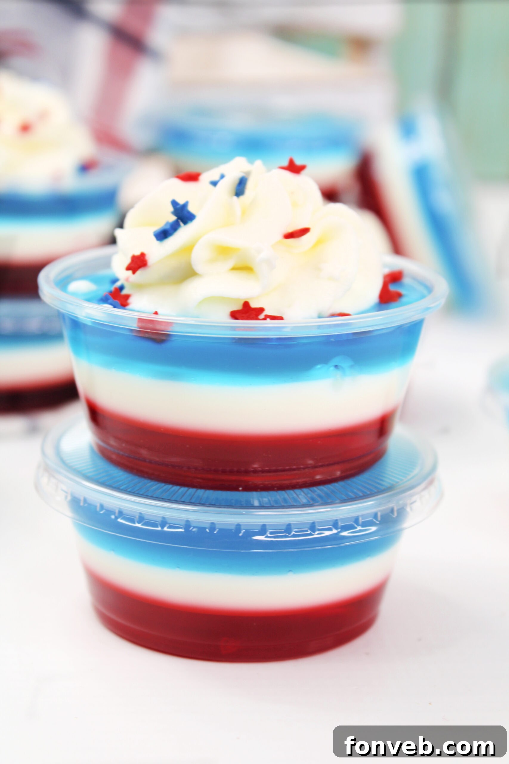 Bomb Pop Jello Shot layered red, white & blue close up
