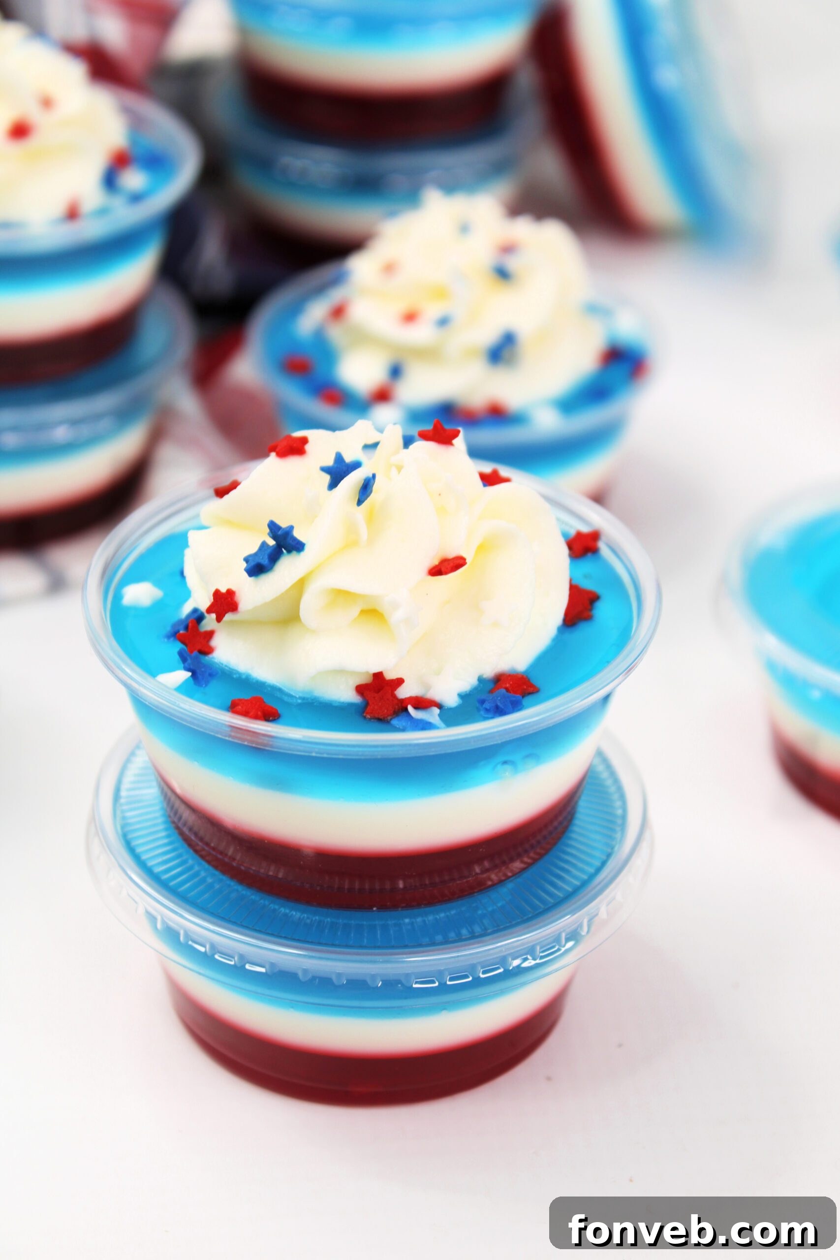 Bomb Pop Jello Shot layered red, white & blue overhead shot