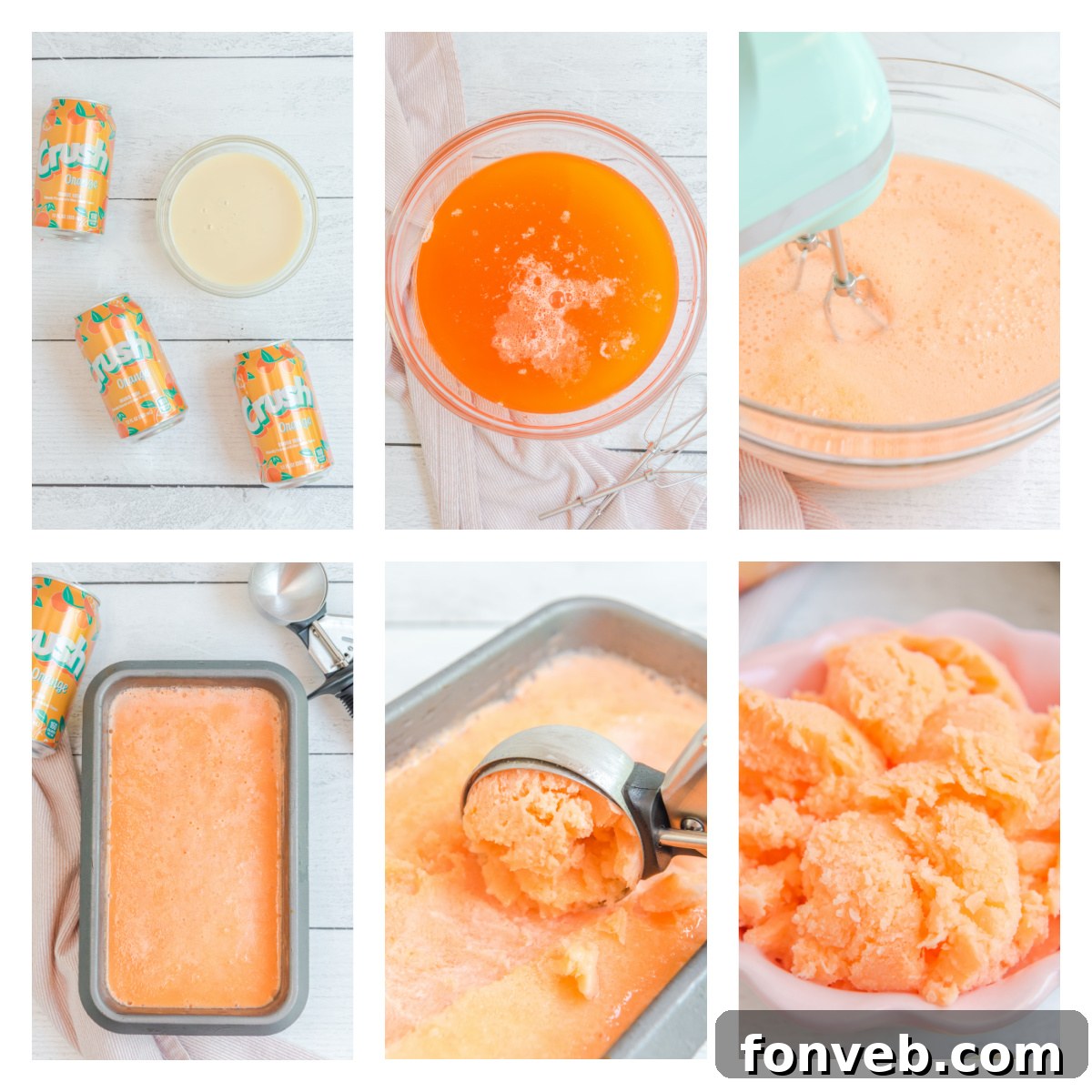 A collage of Orange Crush Sherbet images, highlighting its vibrant color and tempting scoops