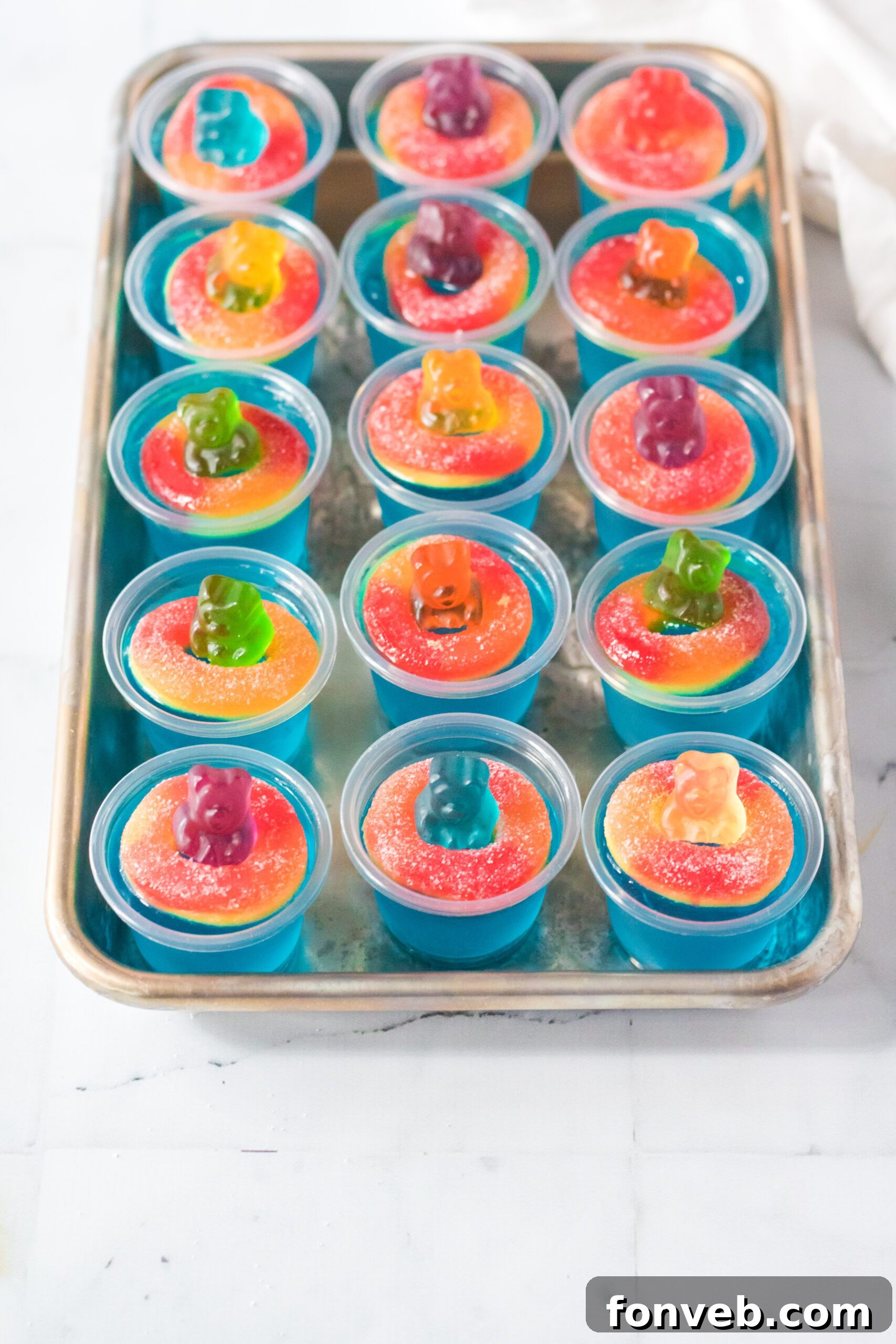Pool Party Jello Shots on a sliver tray