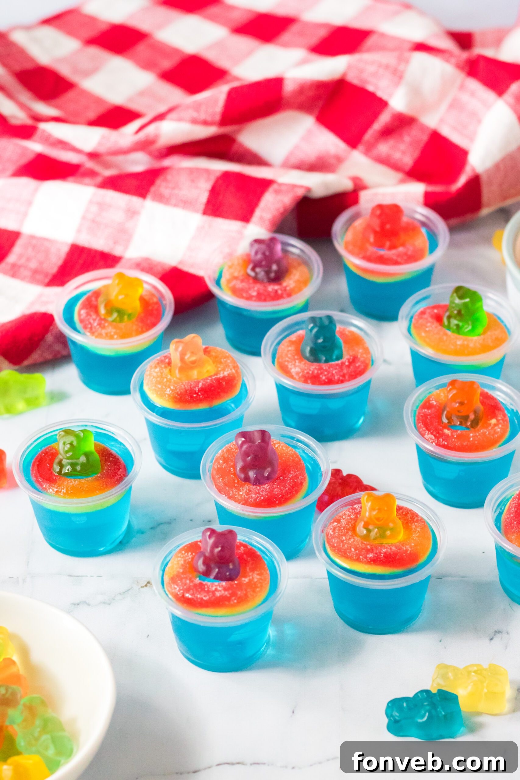Pool Party Jello Shots on whit marble