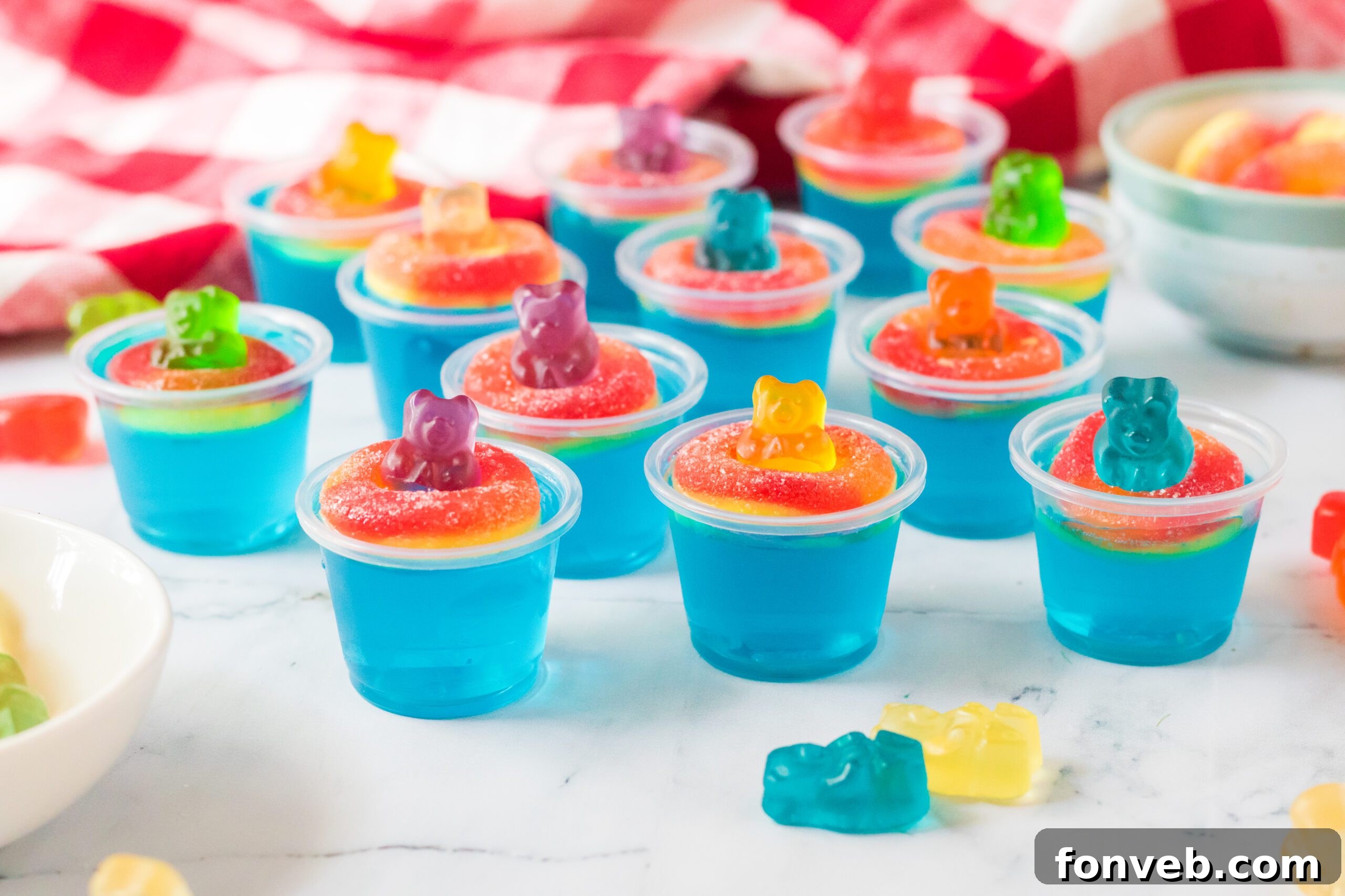 Pool Party Jello Shots on a white marble table