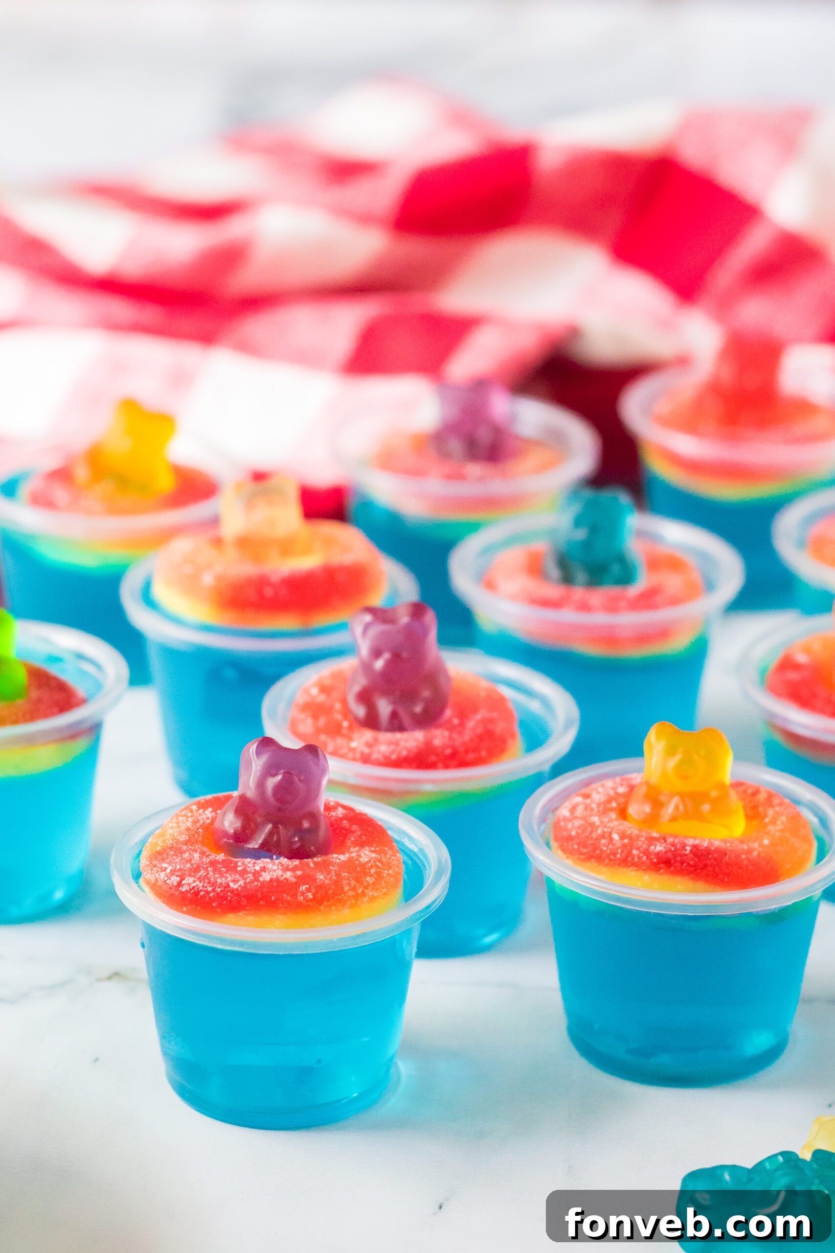 Pool Party Jello Shots with gummi rings and gummi bears