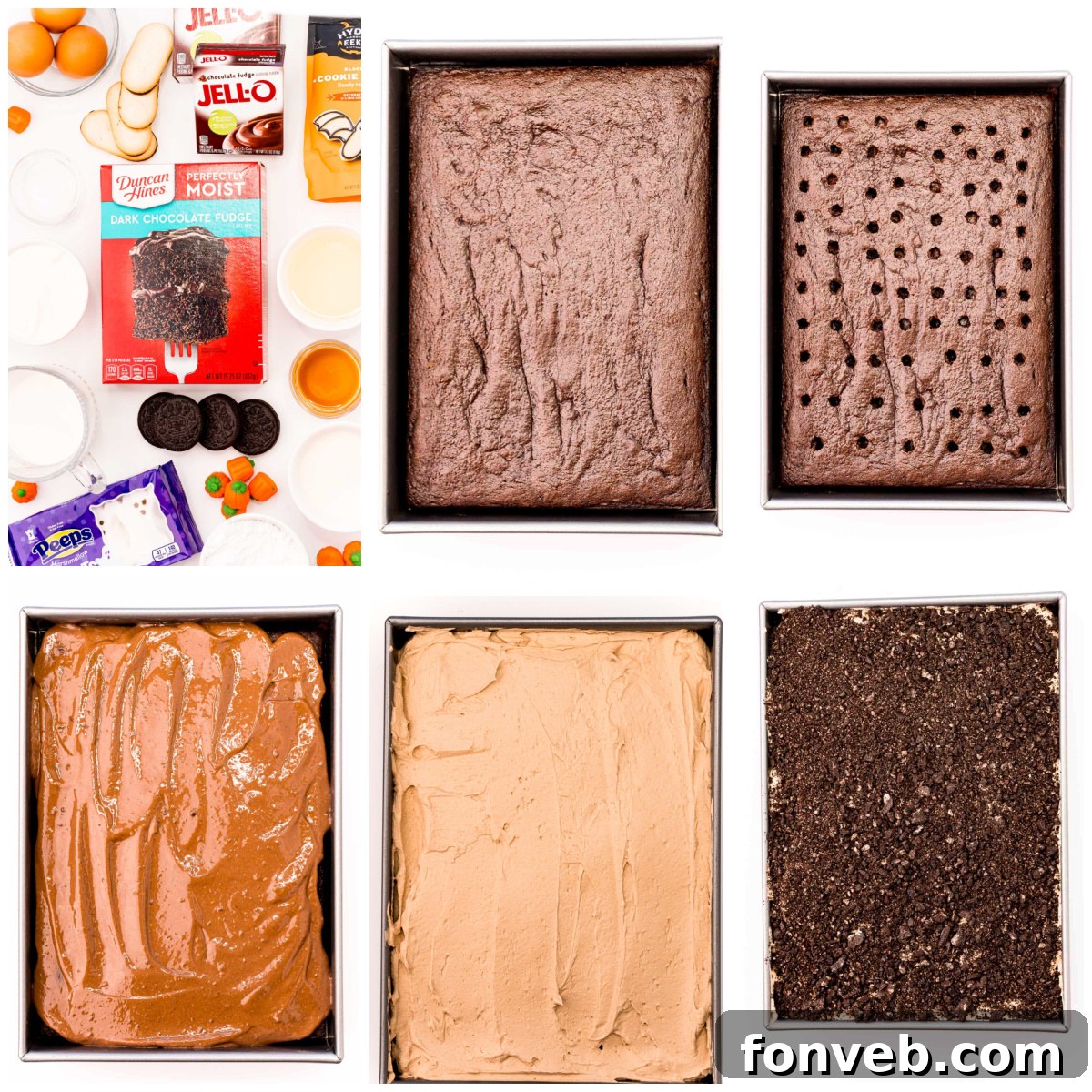 A step-by-step collage demonstrating how to assemble the Halloween Dirt Cake, showcasing the layering process of cake, pudding, and frosting before final decoration.