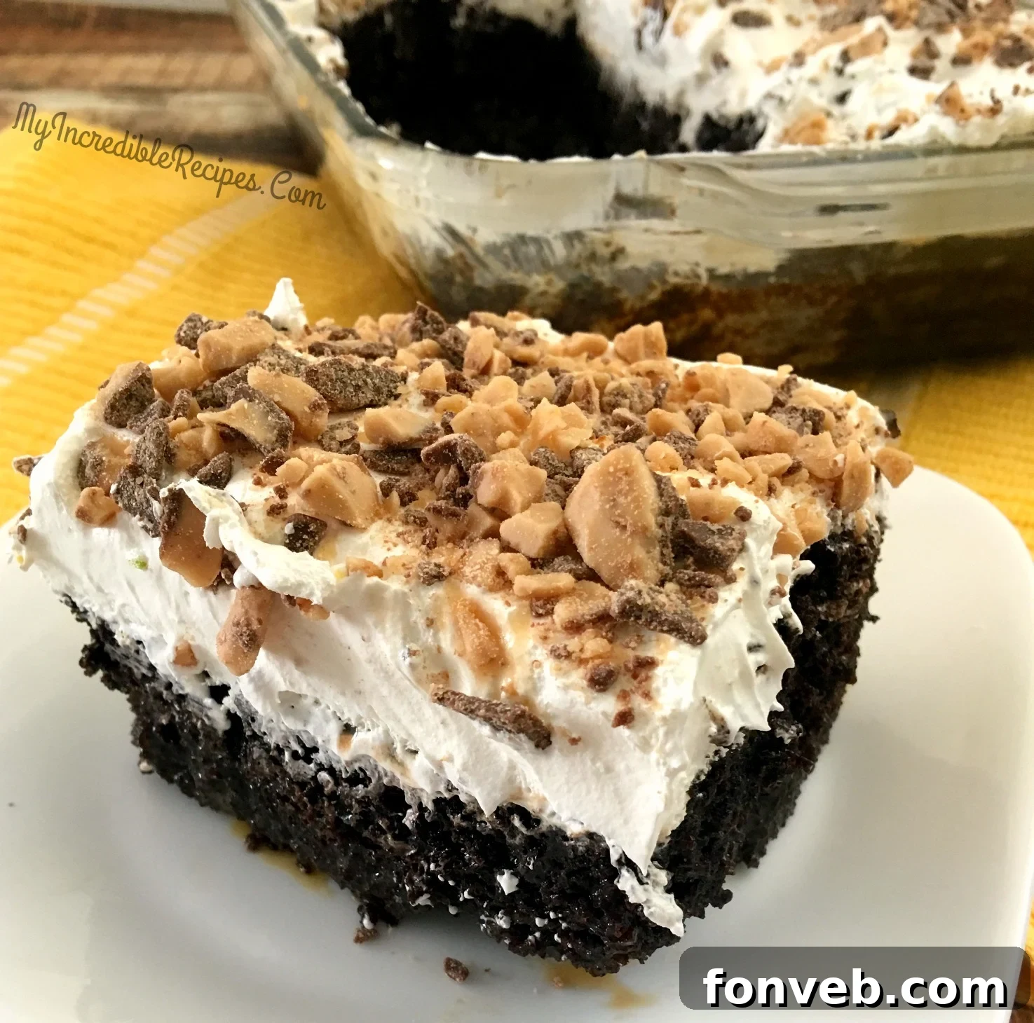 Moist chocolate poke cake with caramel and whipped topping
