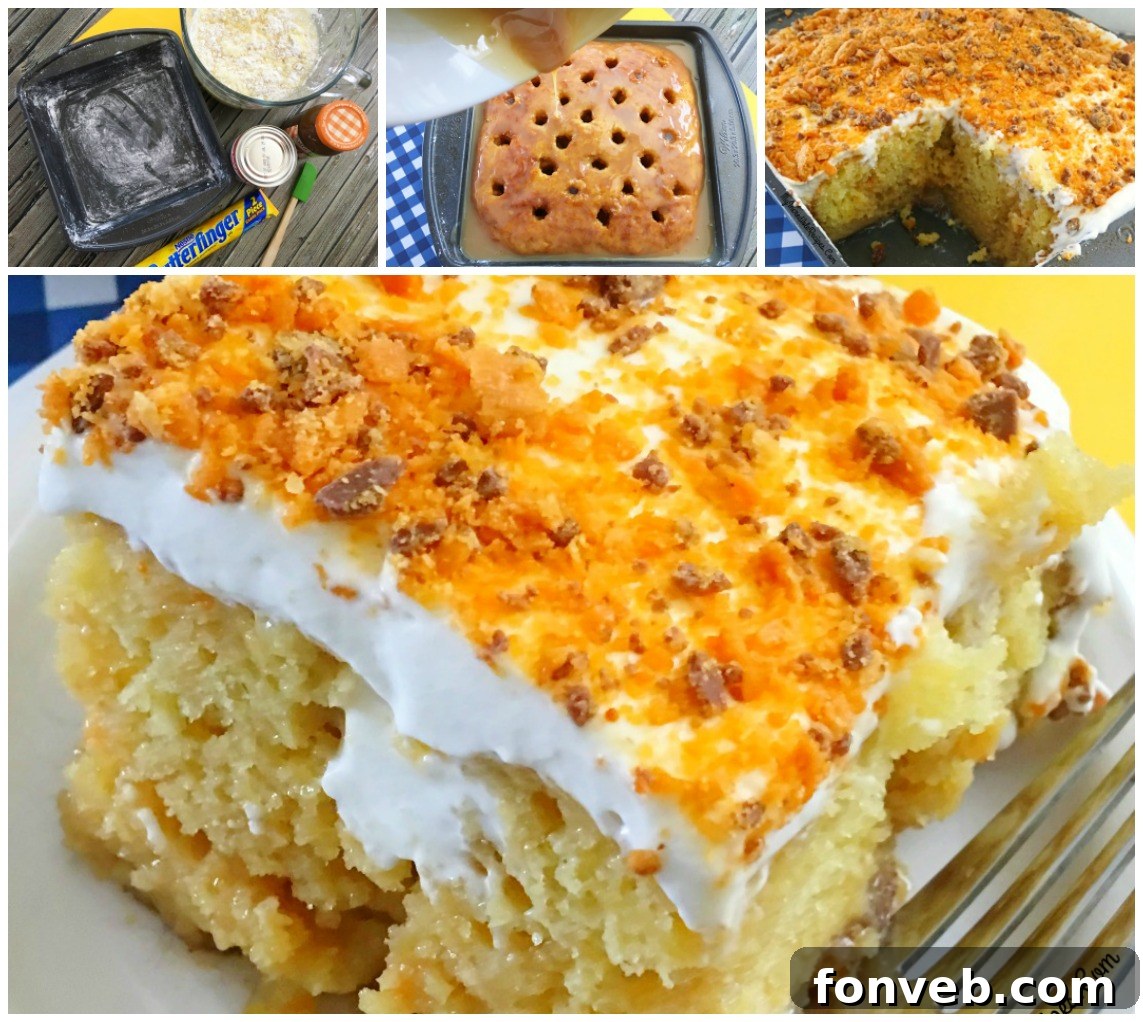 A collage of various appealing angles and close-ups of the finished Butterfinger Extasy Cake.