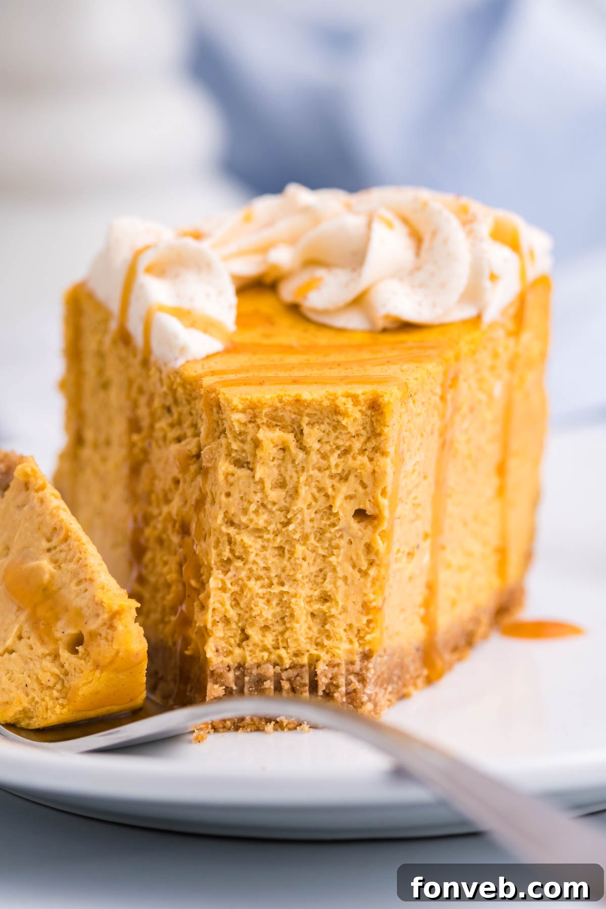 A close-up view of a slice of Pumpkin Cheesecake, showing a bite taken out, highlighting its creamy interior
