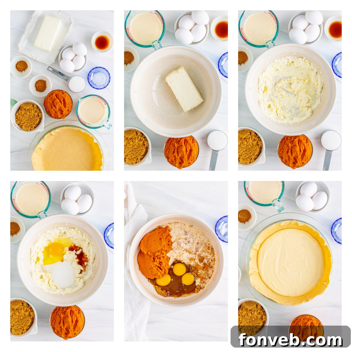Collage of step-by-step photos demonstrating how to assemble a Pumpkin Pie Cheesecake, showing layers being added
