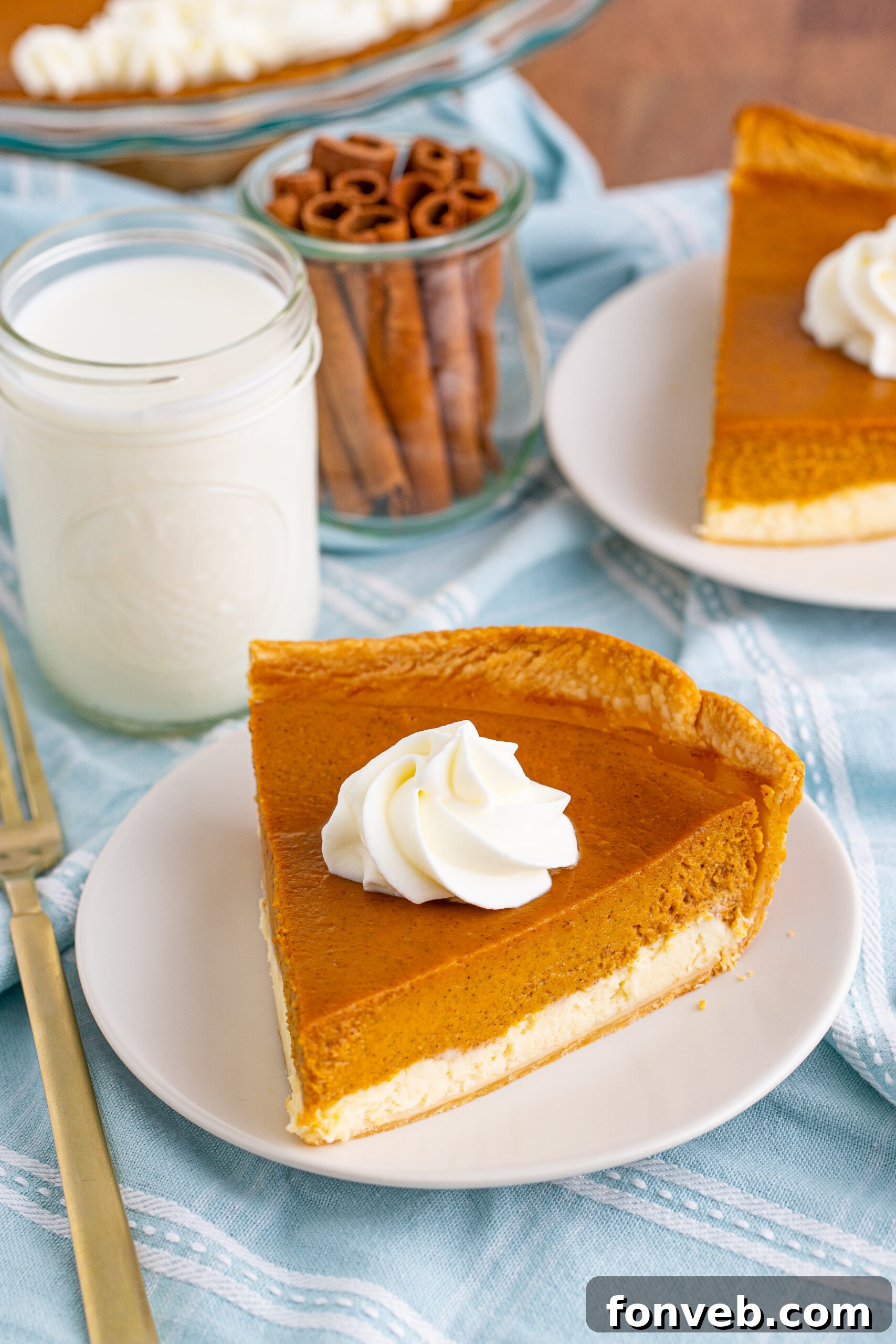 Overhead shot of a slice of Pumpkin Pie Cheesecake on a white plate, highlighting its perfect proportions and inviting texture
