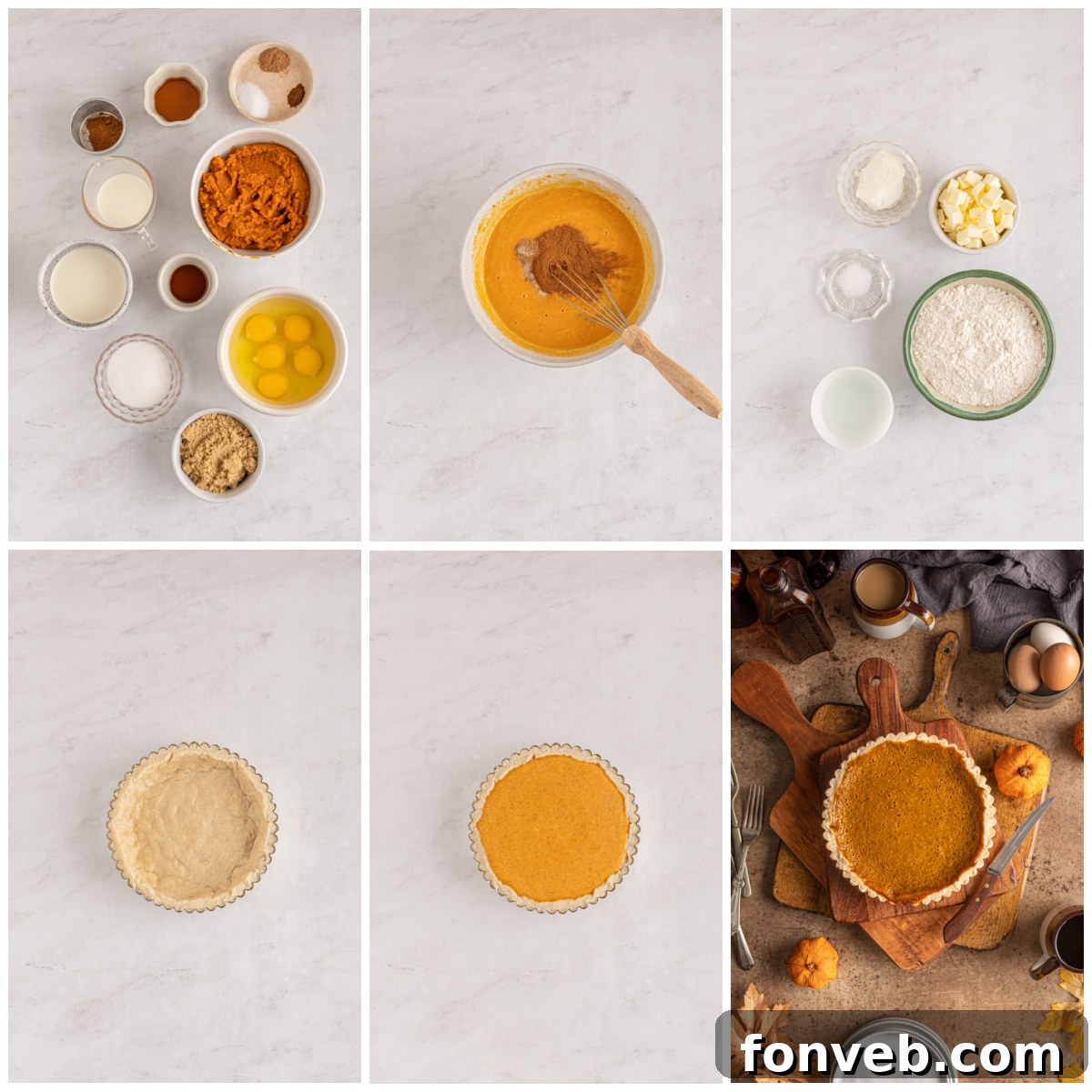 Collage of pumpkin pie filling ingredients and pie crust ingredients laid out on a kitchen counter
