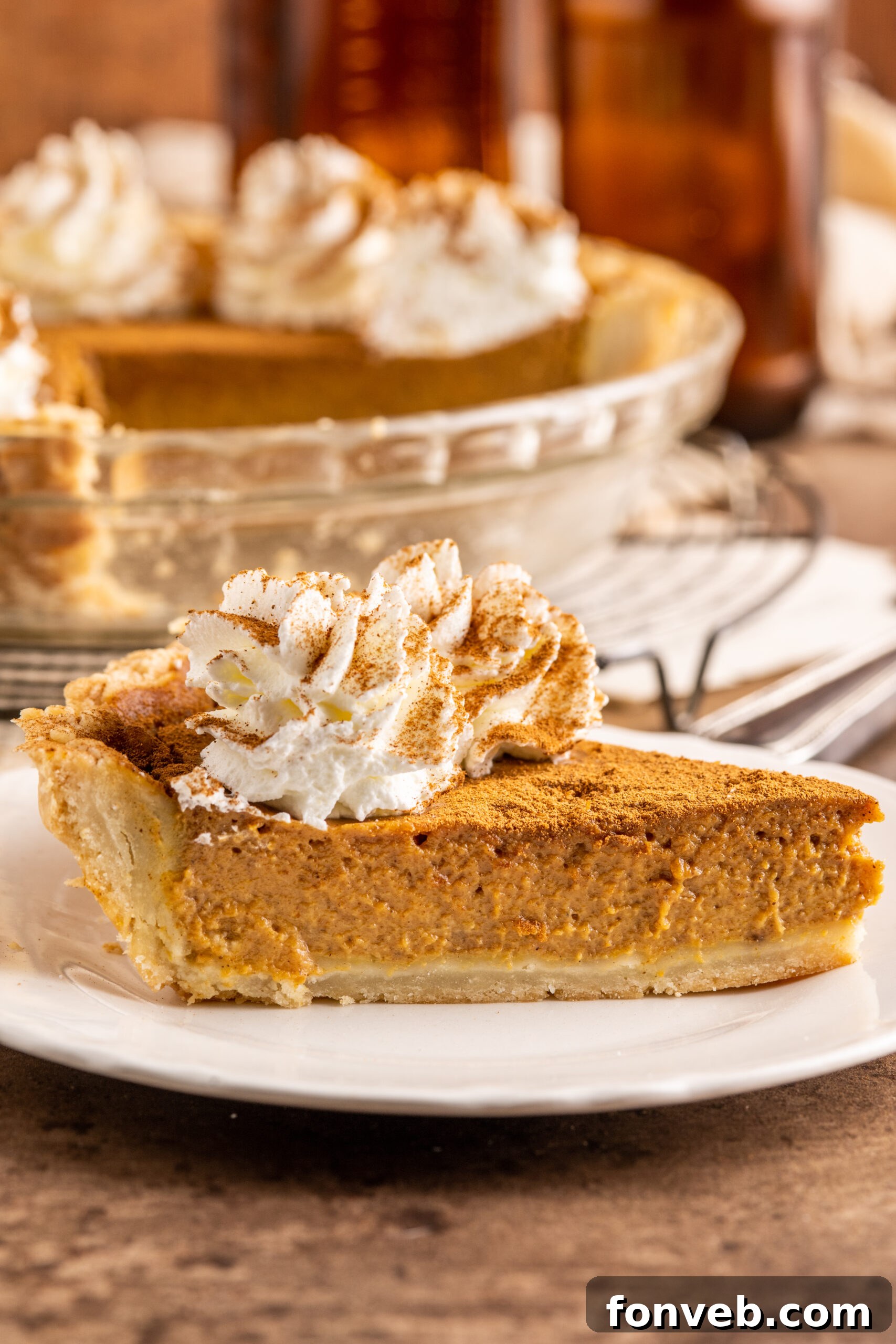 Velvet Pumpkin Dream Pie 13 A single slice of Pumpkin Custard Pie on a clean white plate, ready to be enjoyed.